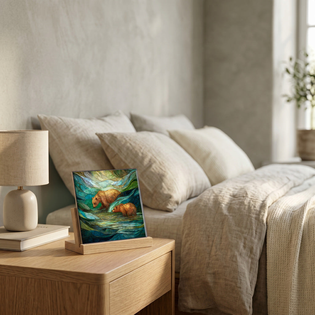 On the nightstand, catching the morning.