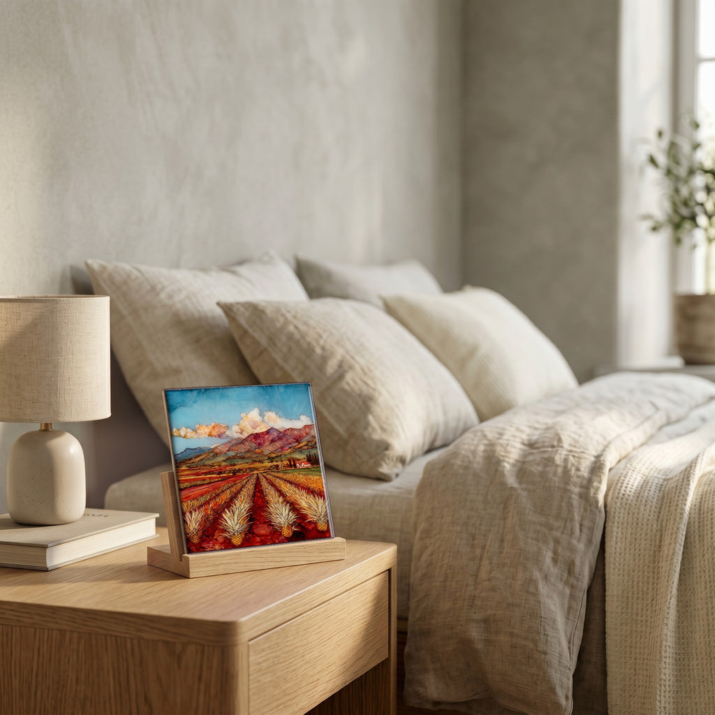 On the nightstand, on a light oak stand.
