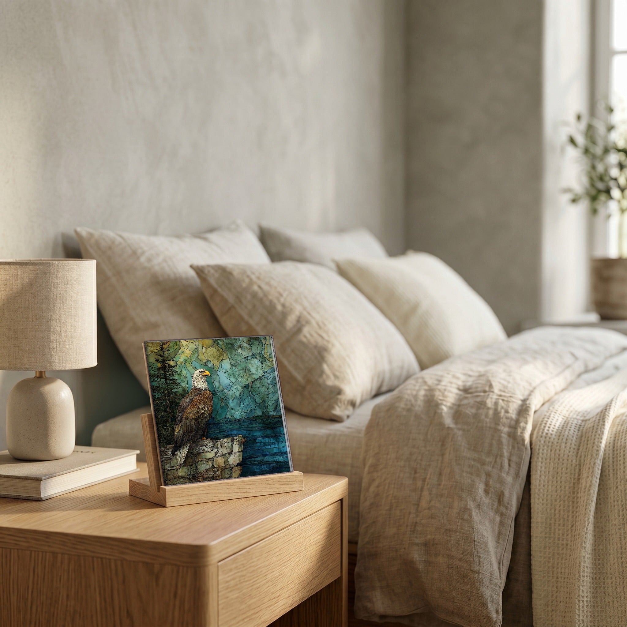 On the nightstand, catching the morning.
