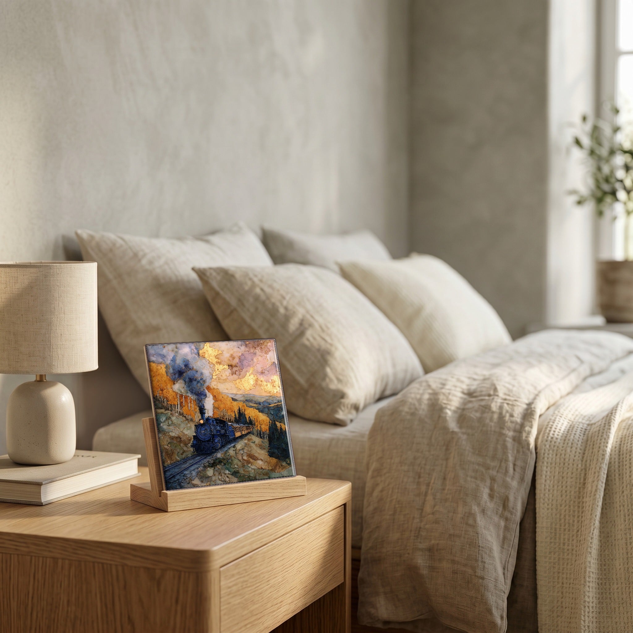 On the nightstand, on a light oak stand.