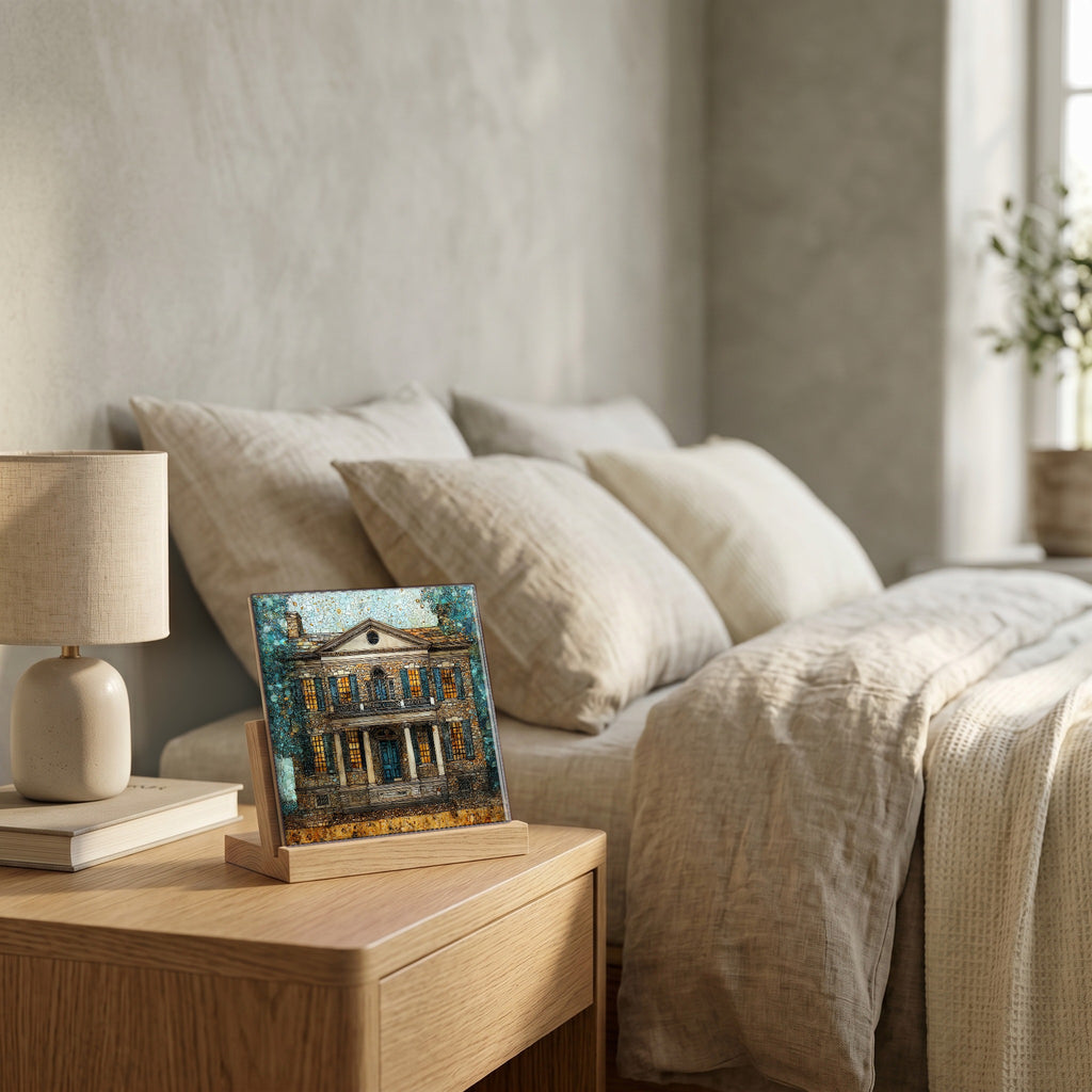 On the nightstand, catching the morning.