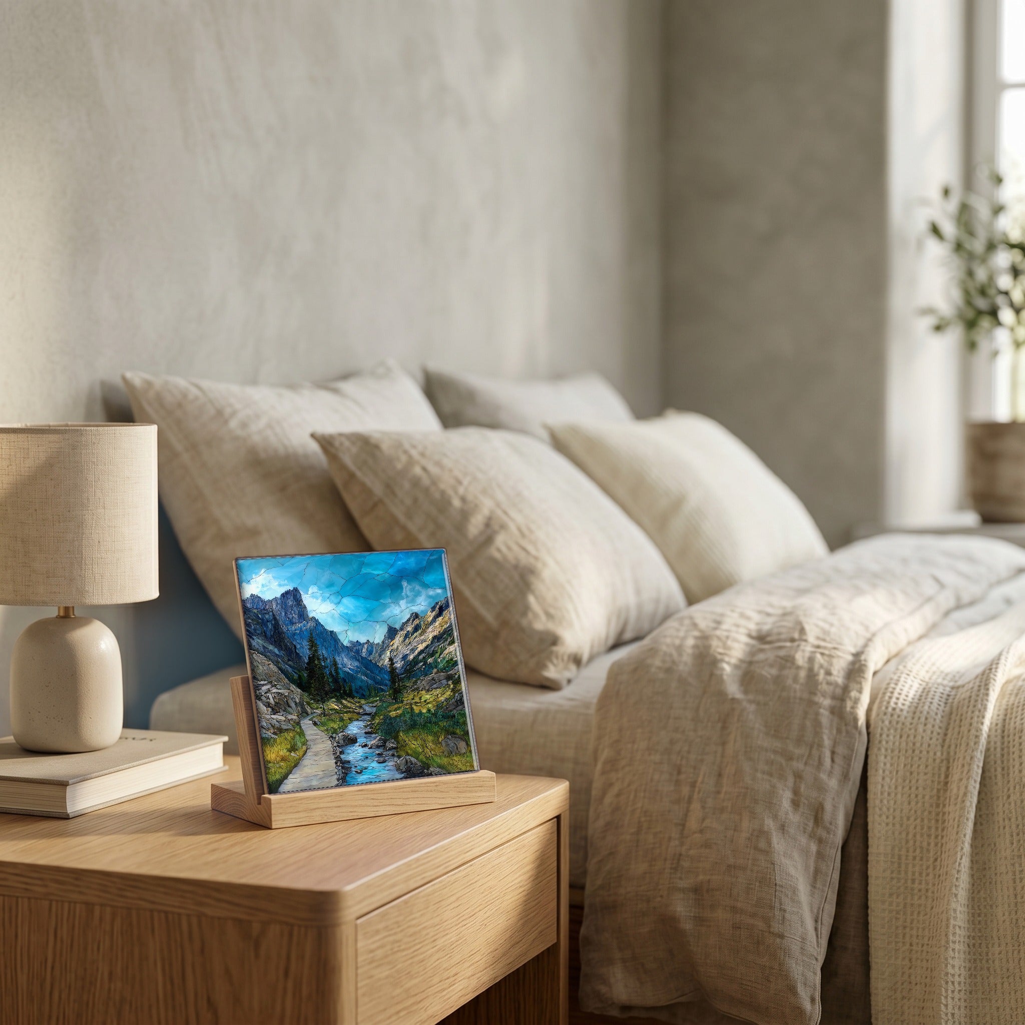 On the nightstand, catching the morning.