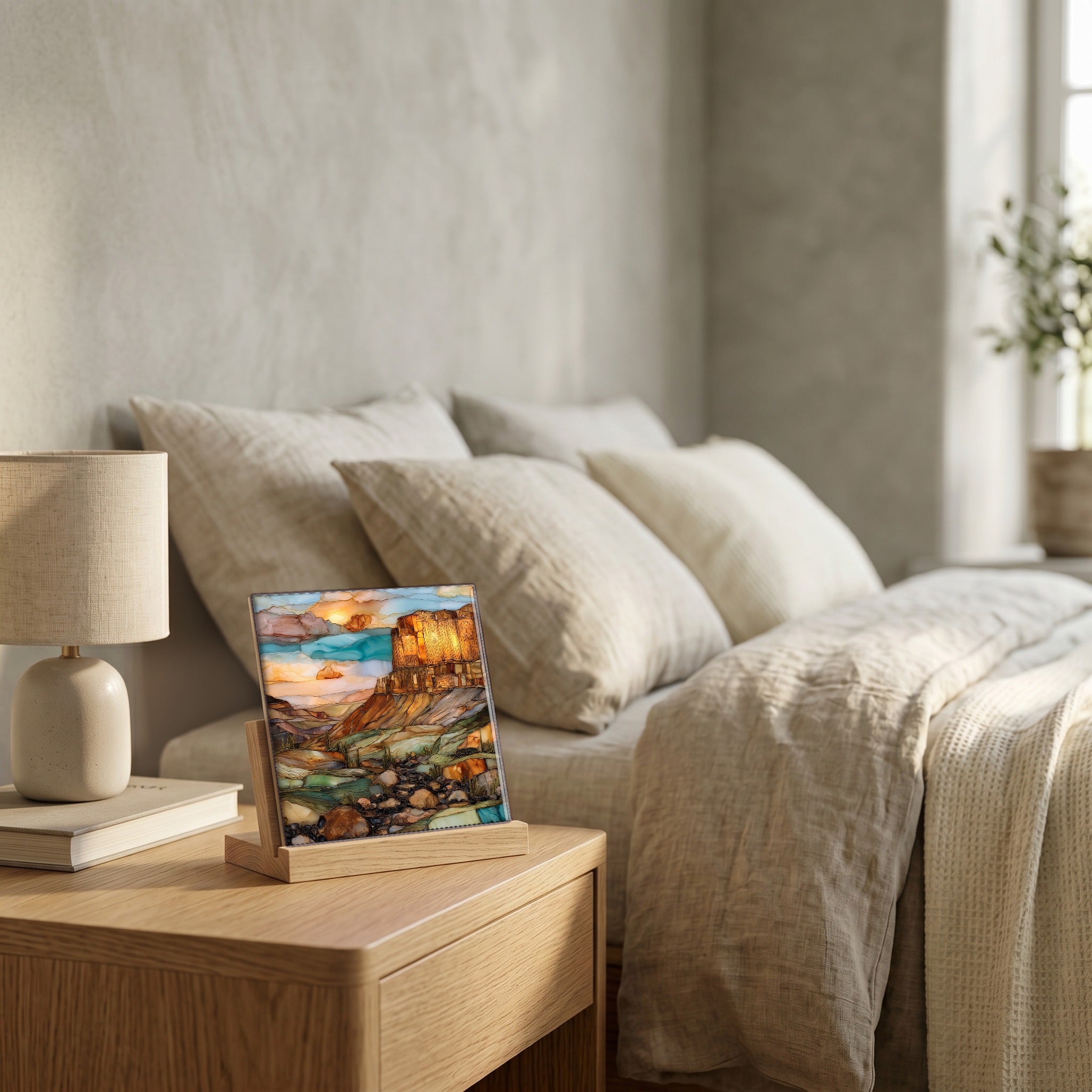 On the nightstand, catching the morning.