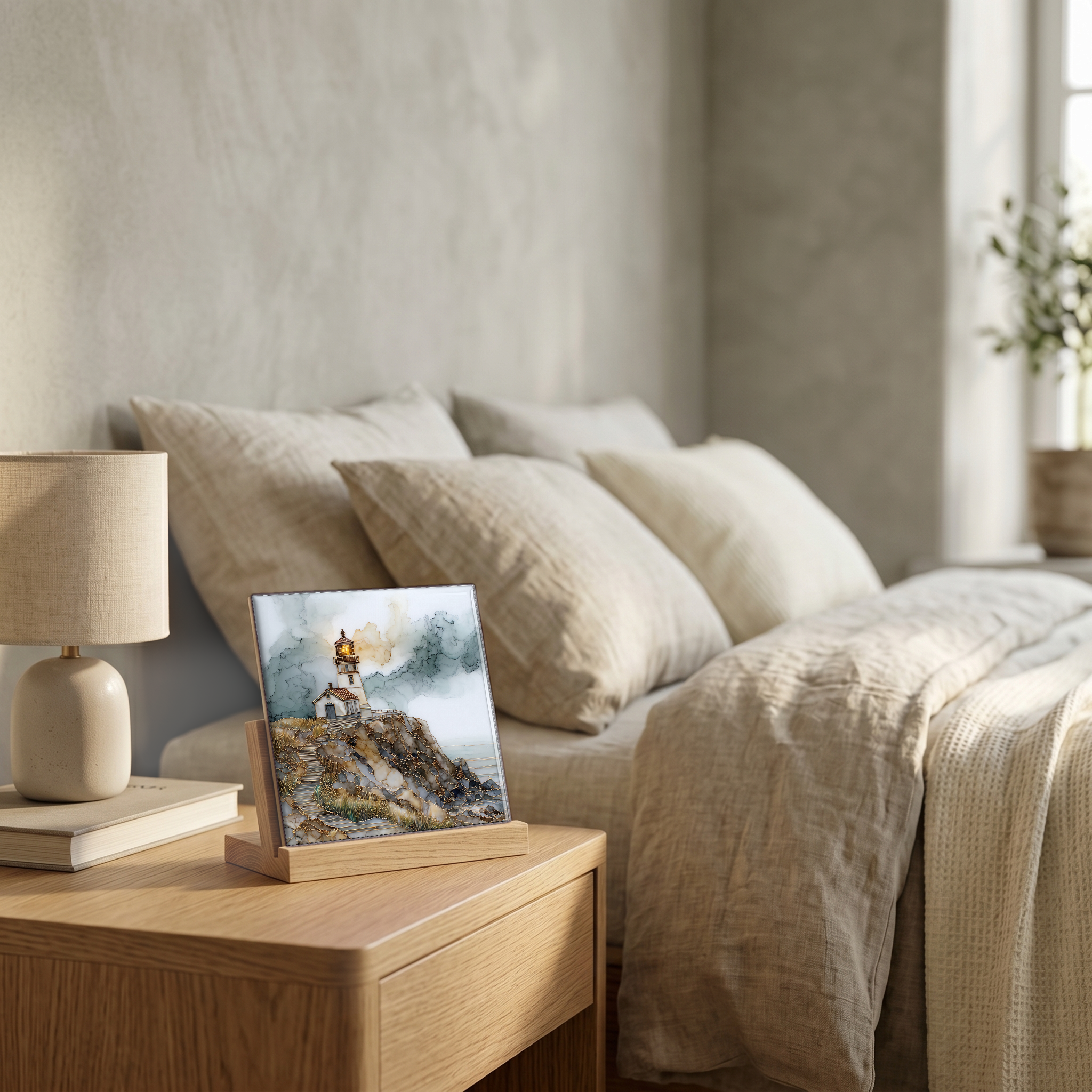 On the nightstand, on a light oak stand.