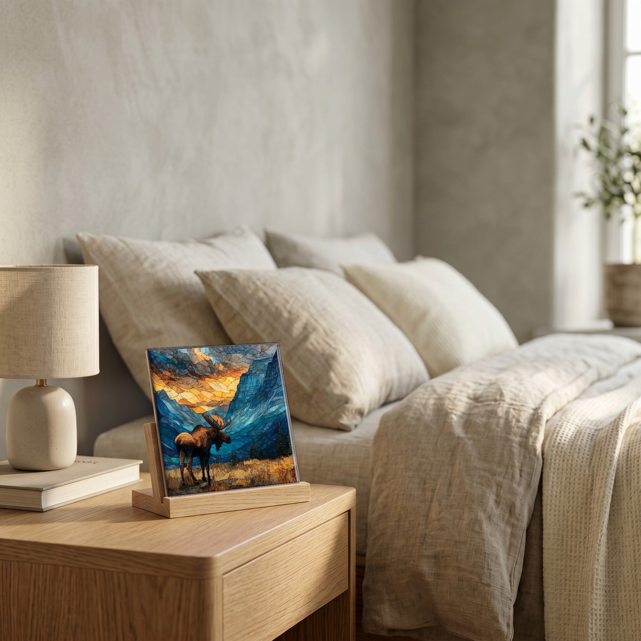 On the nightstand, catching the morning.