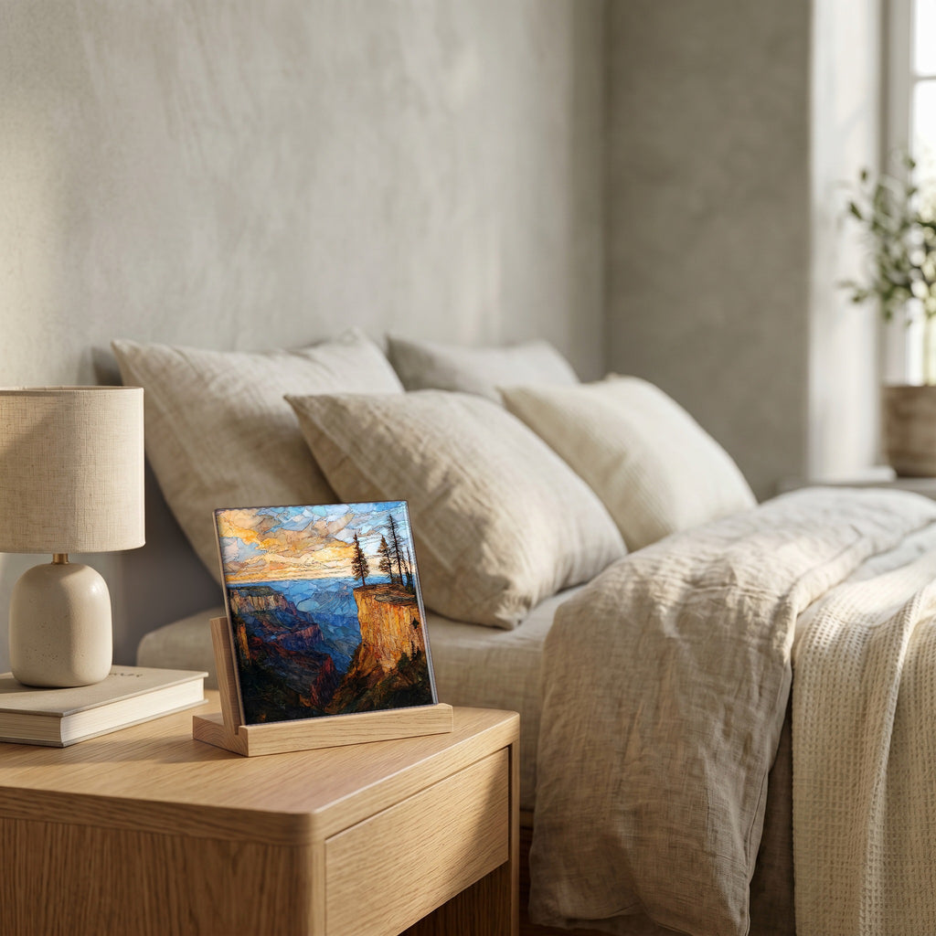 On the nightstand, catching the morning.