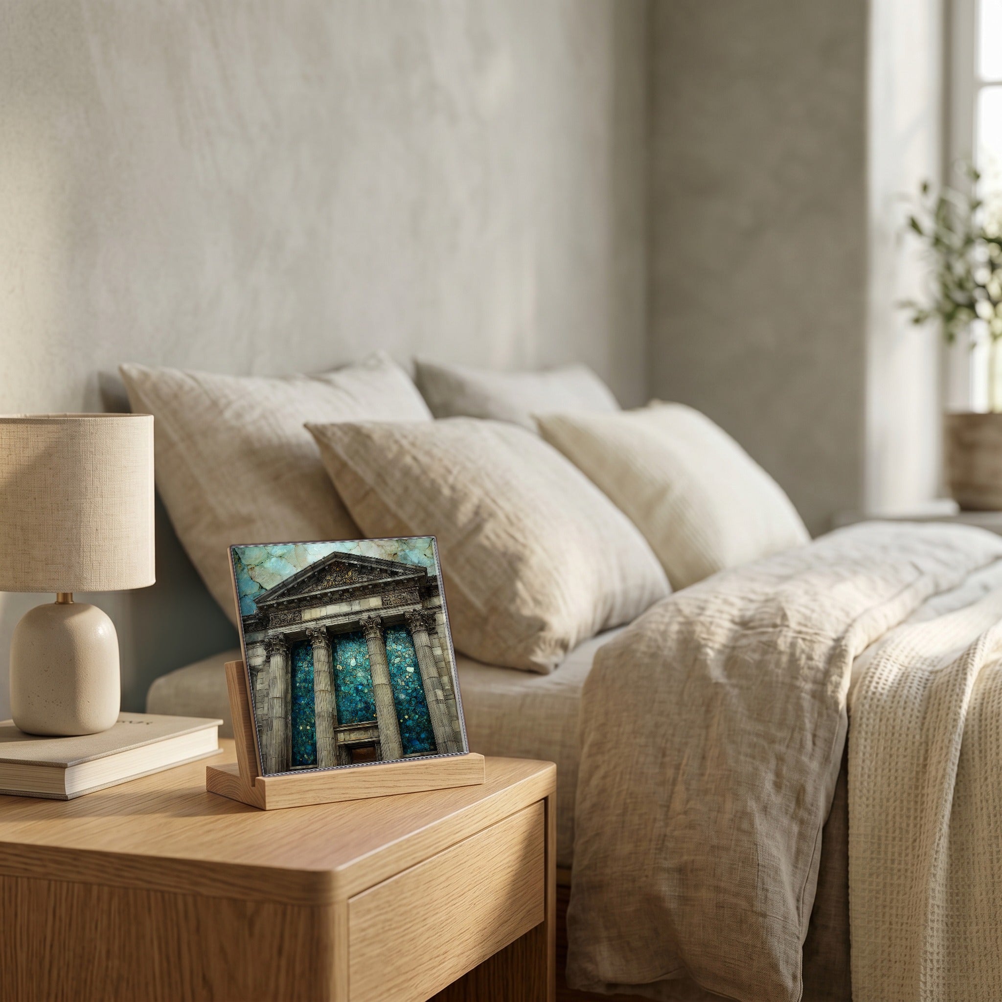 On the nightstand, catching the morning.