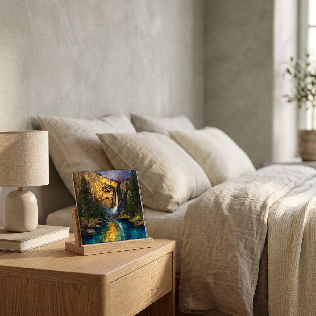 On the nightstand, catching the morning.