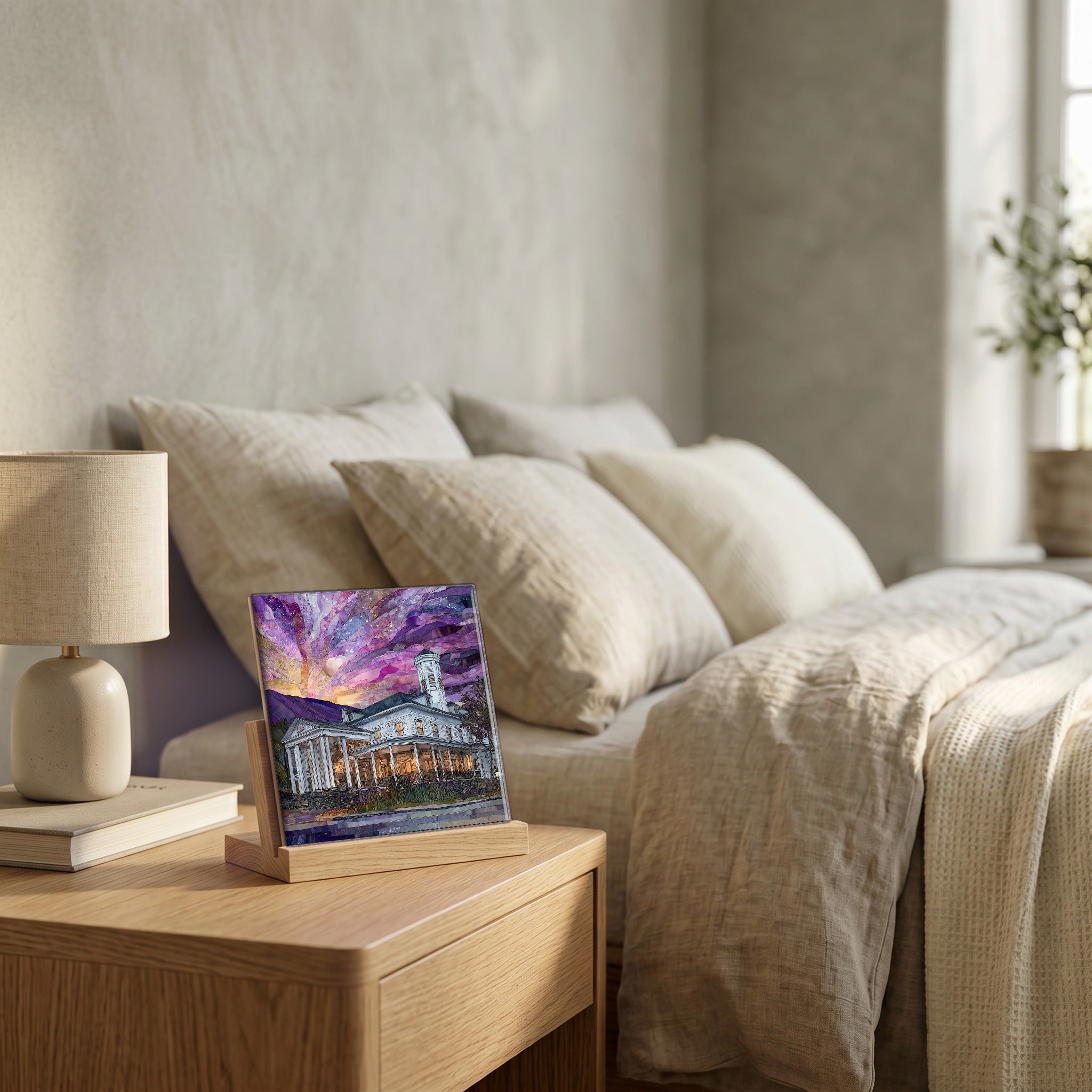 On the nightstand, catching the morning.
