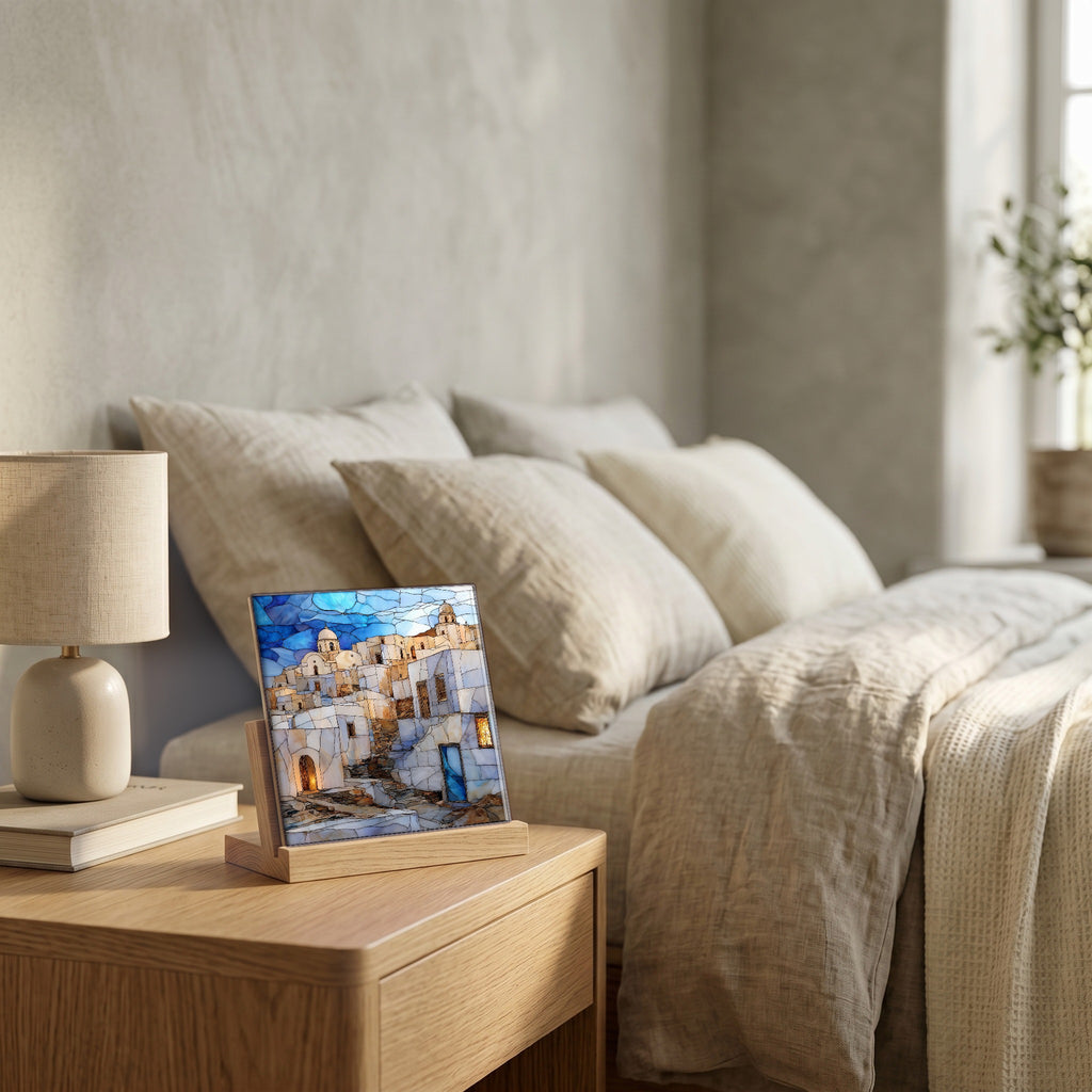 On the nightstand, catching the morning.