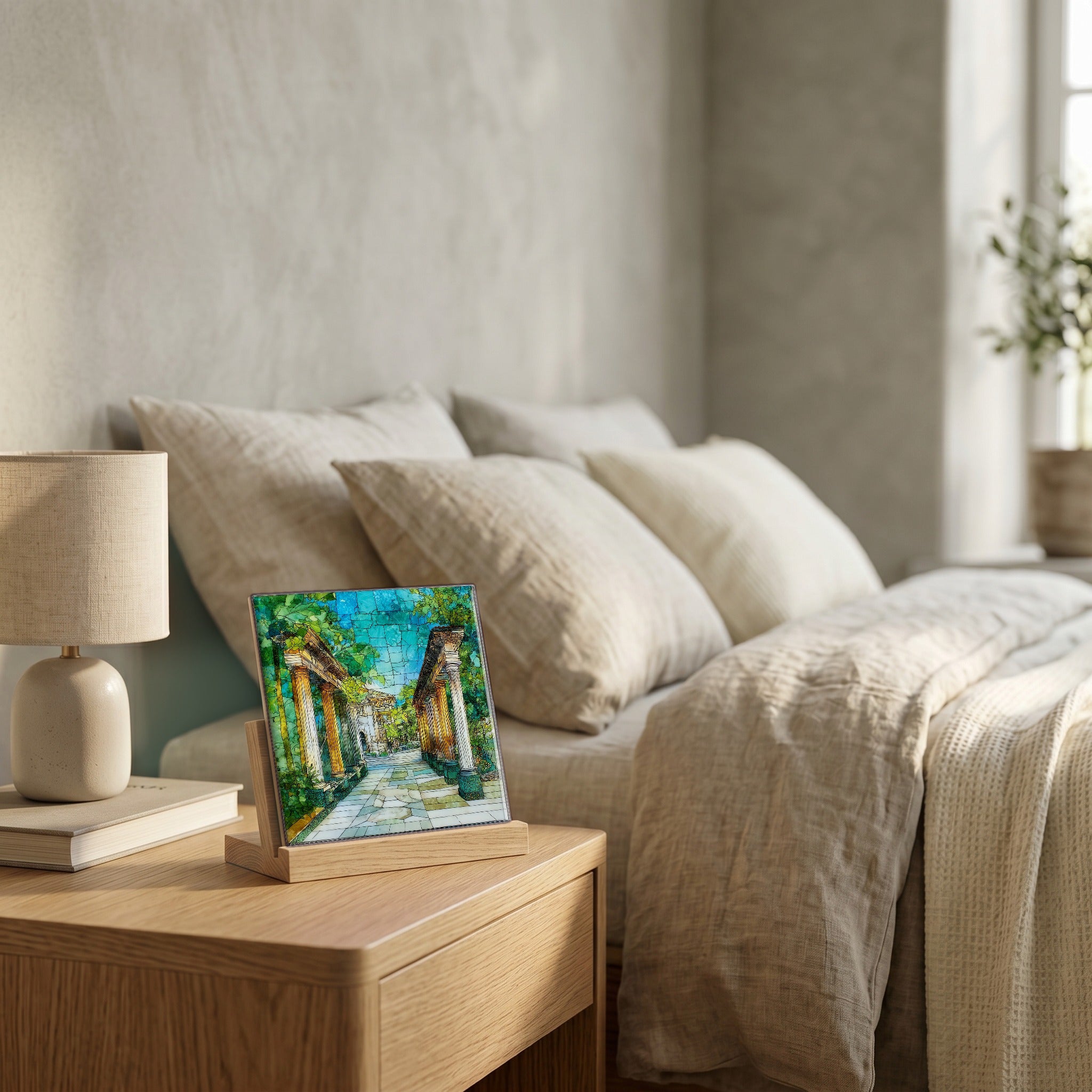 On the nightstand, catching the morning.
