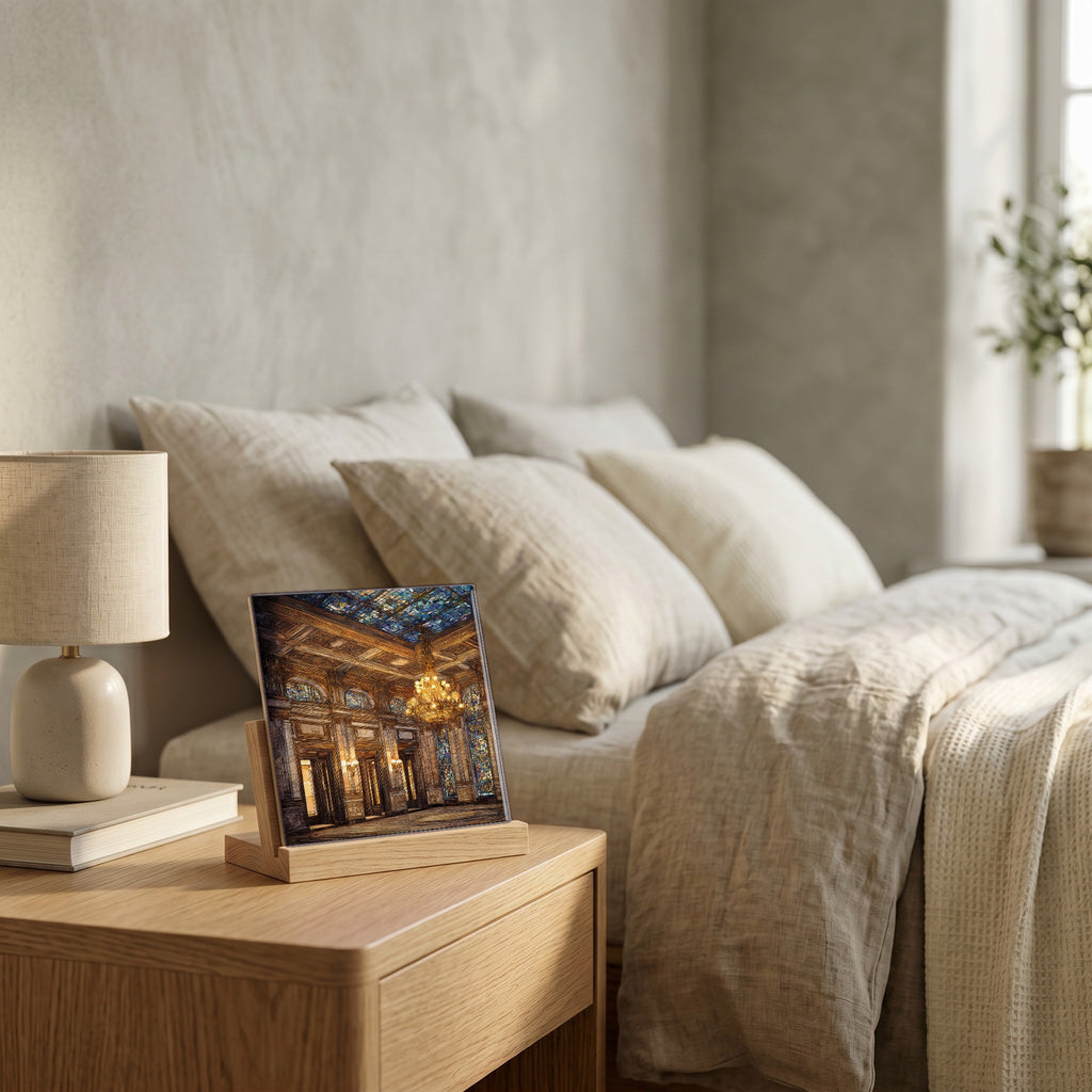On the nightstand, catching the morning.