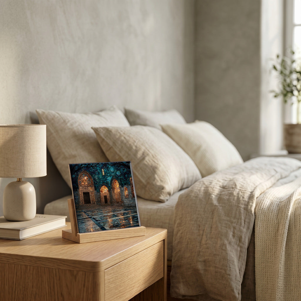 On the nightstand, on a light oak stand.