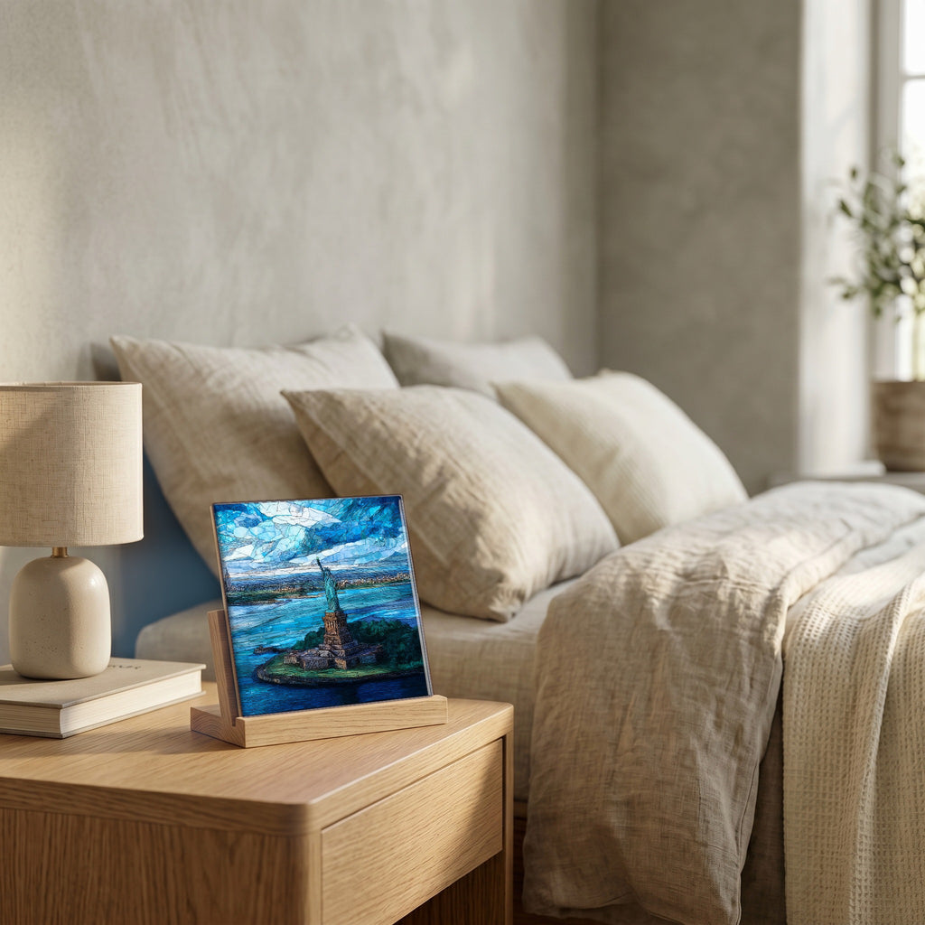 On the nightstand, catching the morning.