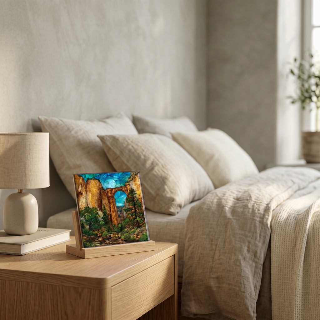 On the nightstand, catching the morning.