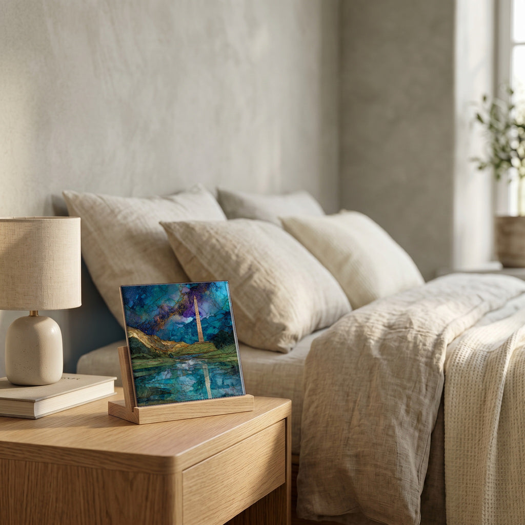 On the nightstand, catching the morning.