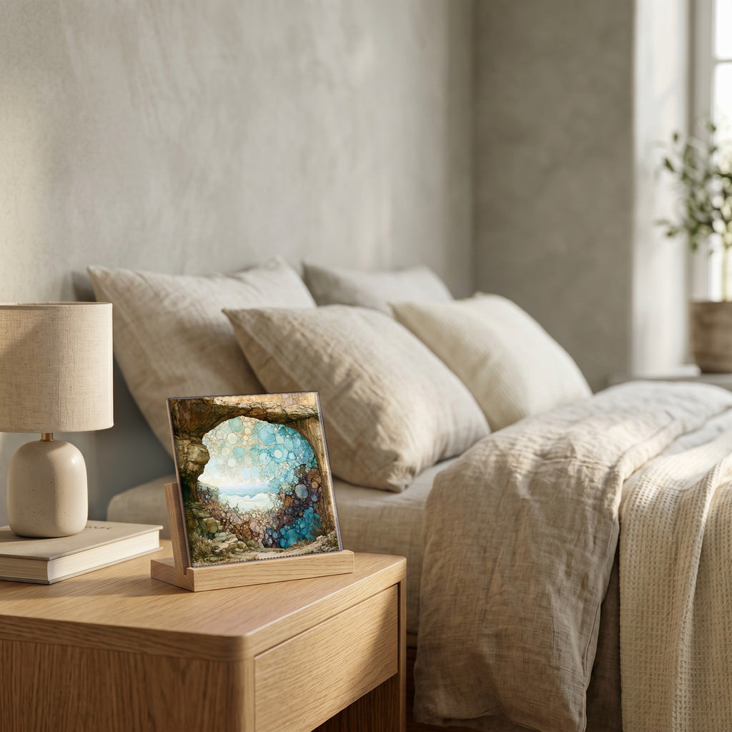On the nightstand, catching the morning.