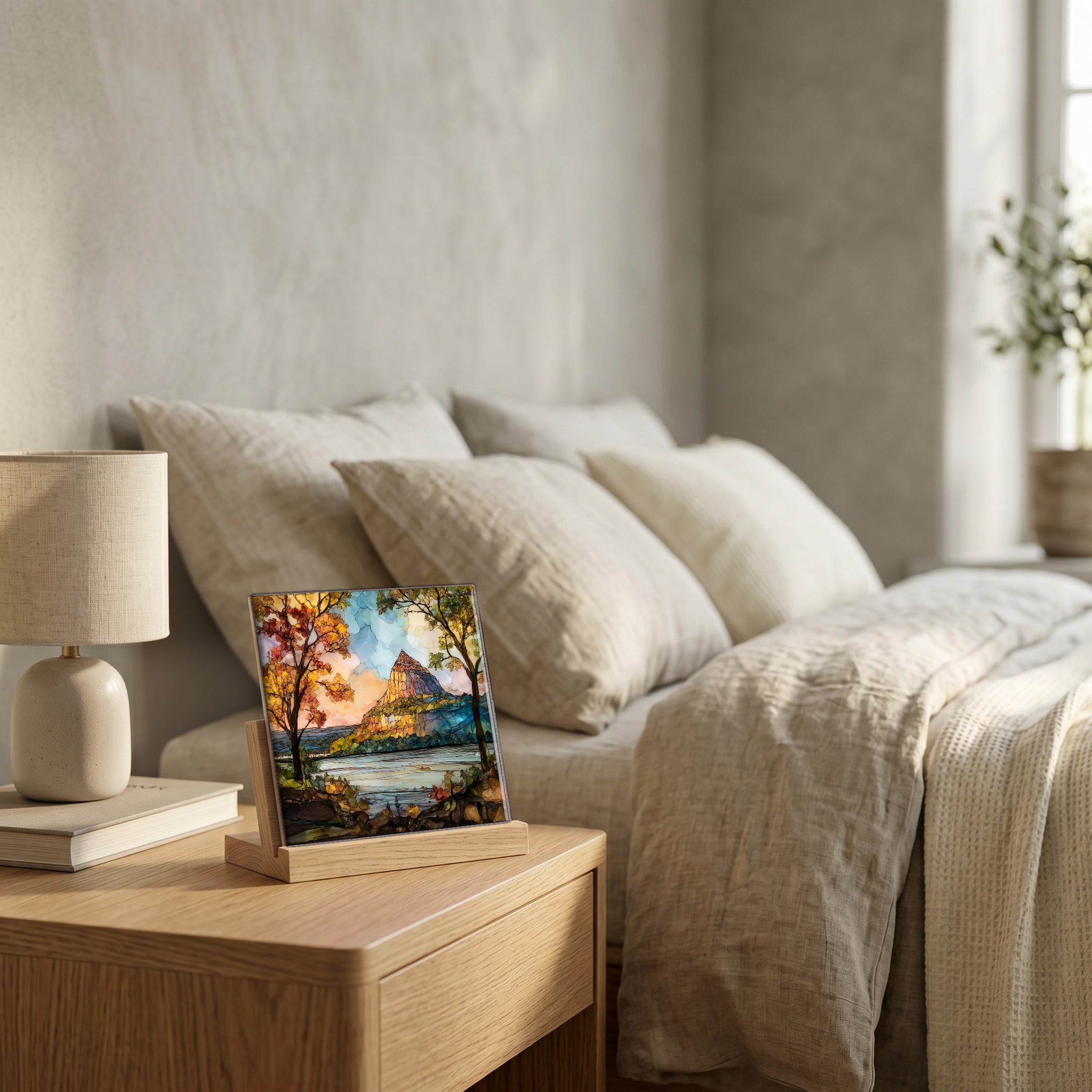 On the nightstand, catching the morning.
