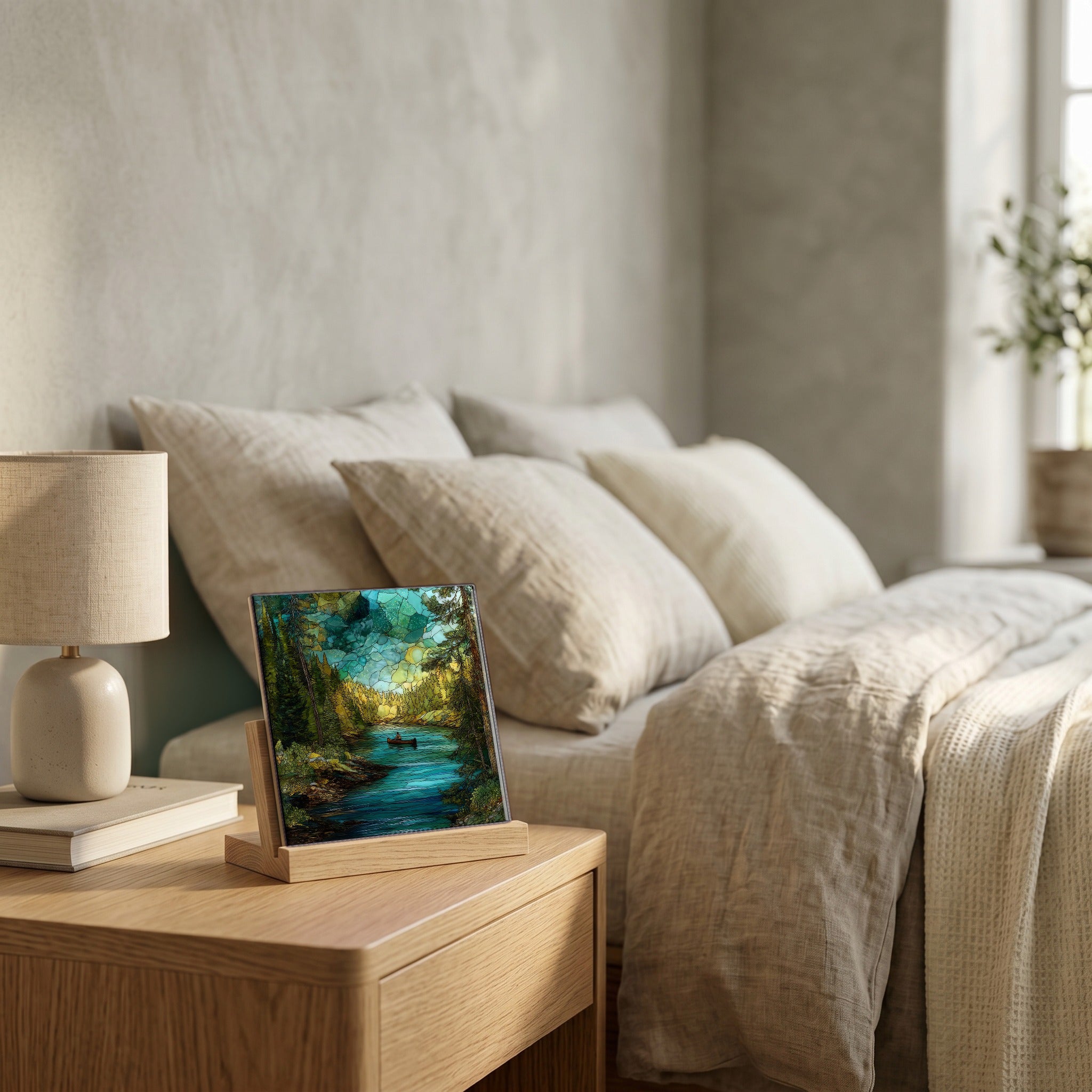 On the nightstand, catching the morning.