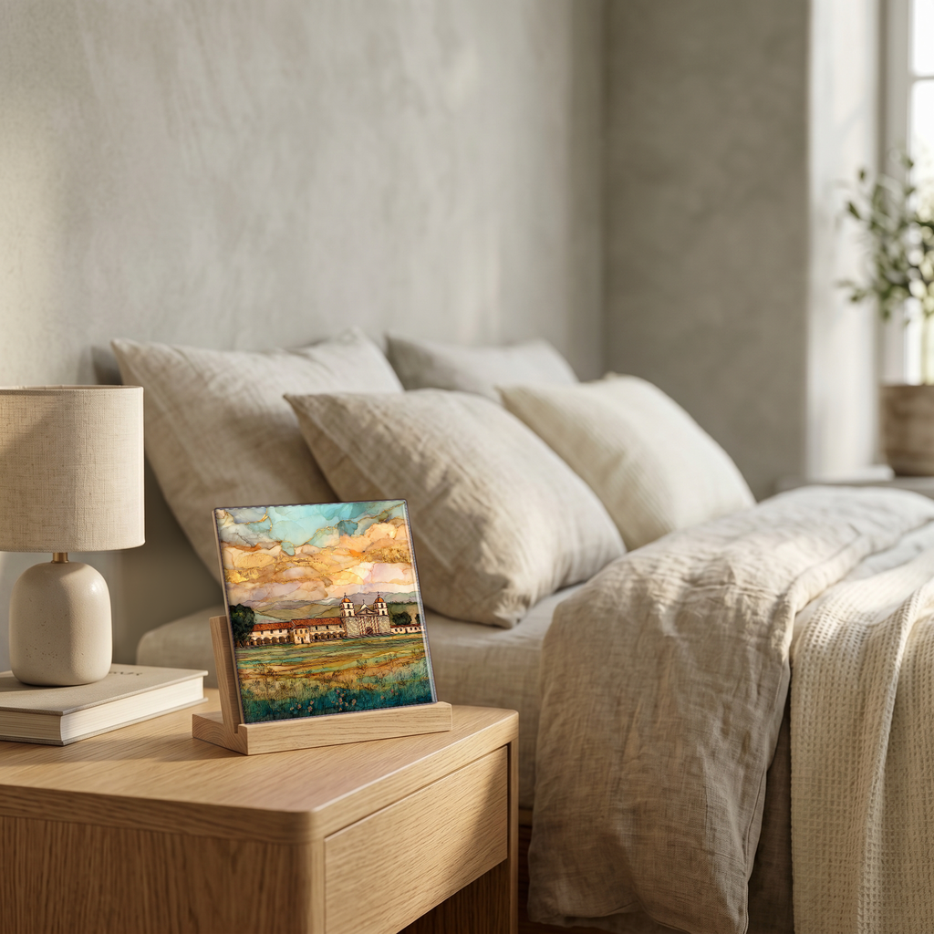 On the nightstand, catching the morning.