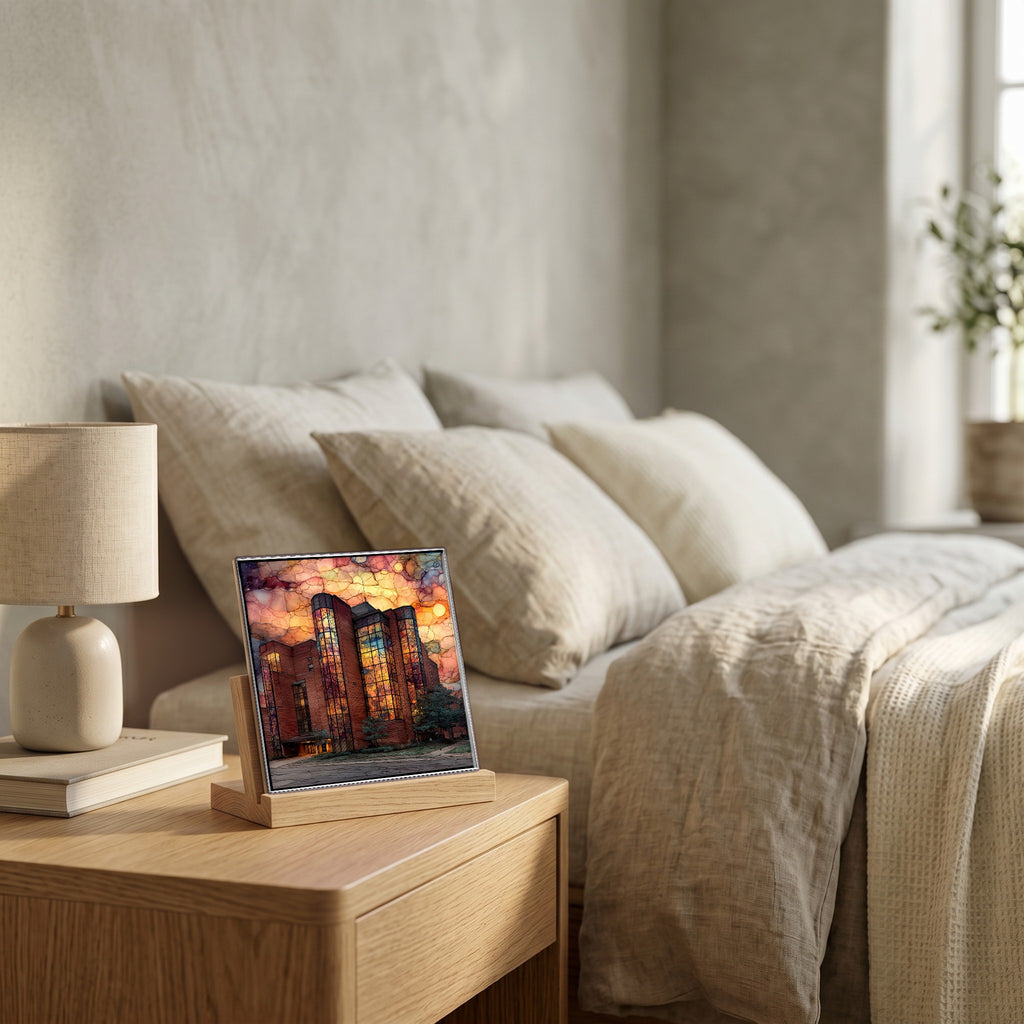 On the nightstand, catching the morning.