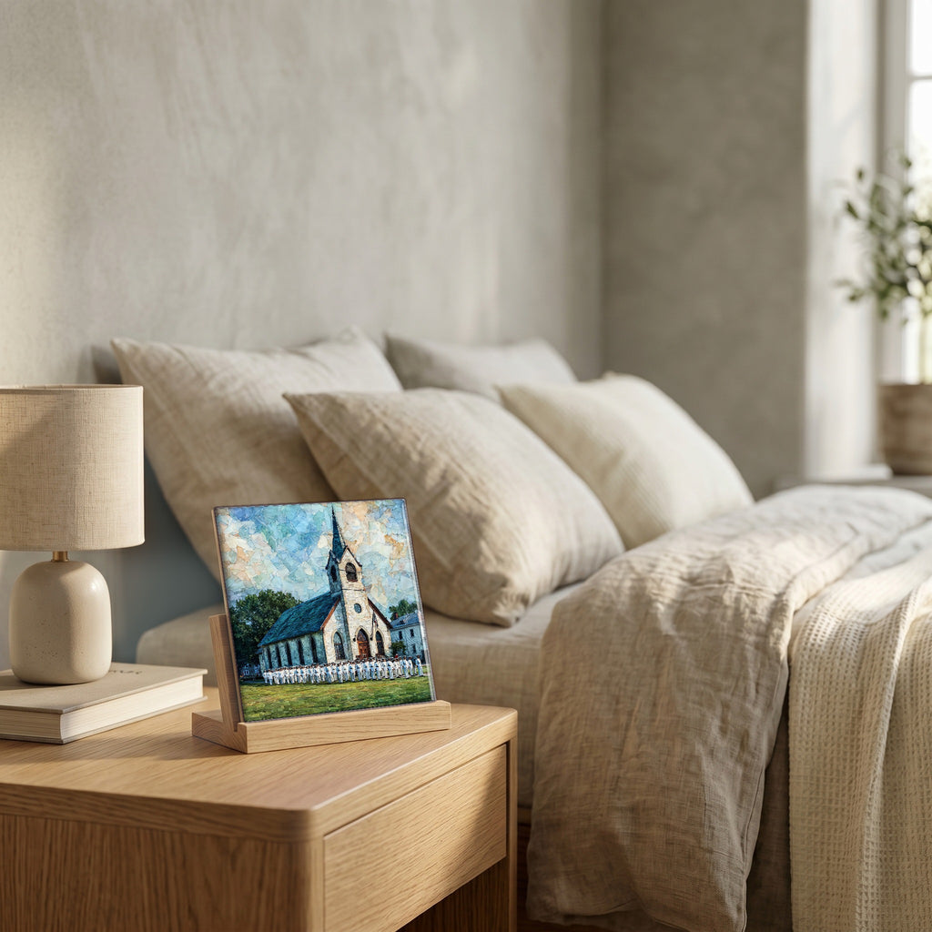 On the nightstand, catching the morning.