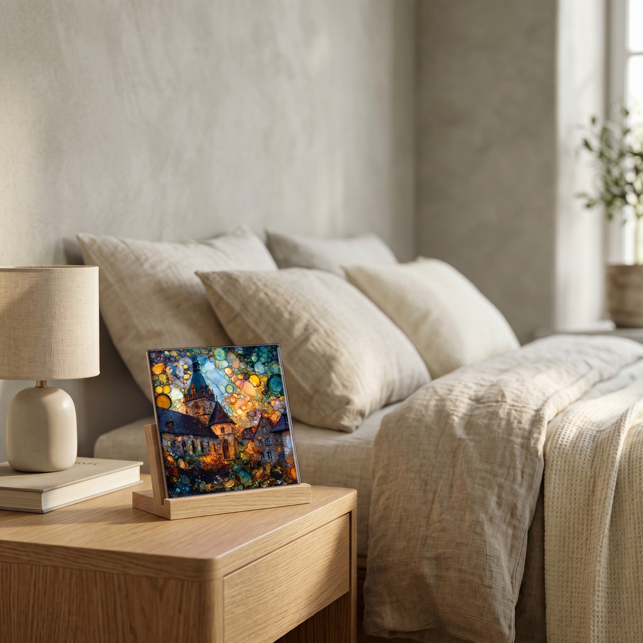 On the nightstand, on a light oak stand.