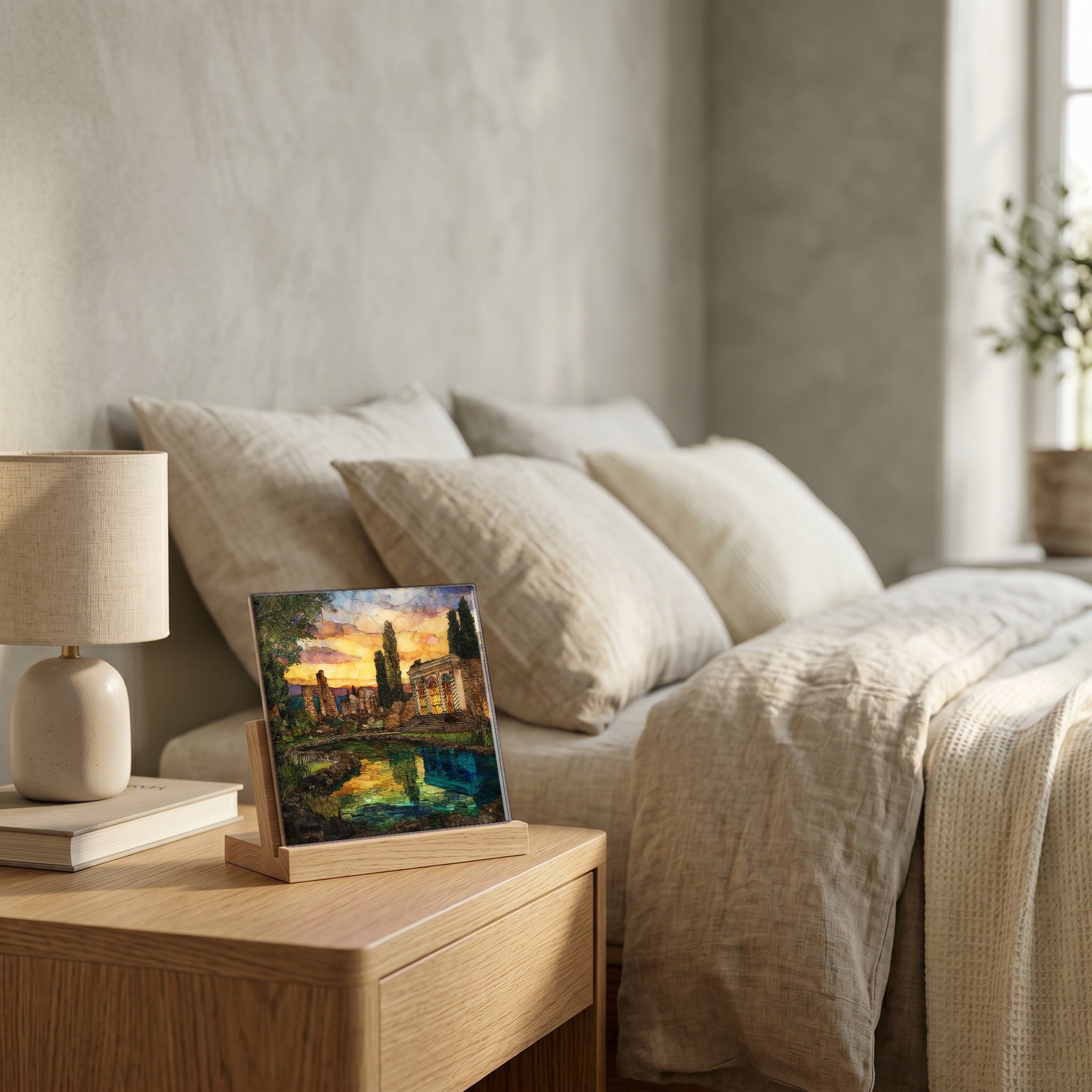 On the nightstand, on a light oak stand.