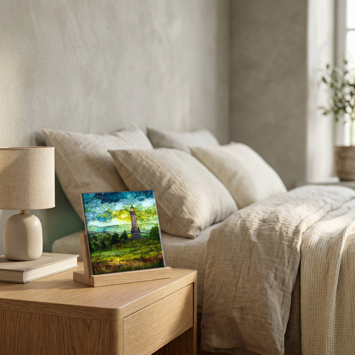 On the nightstand, catching the morning.