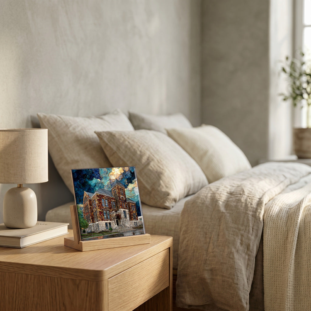 On the nightstand, catching the morning.