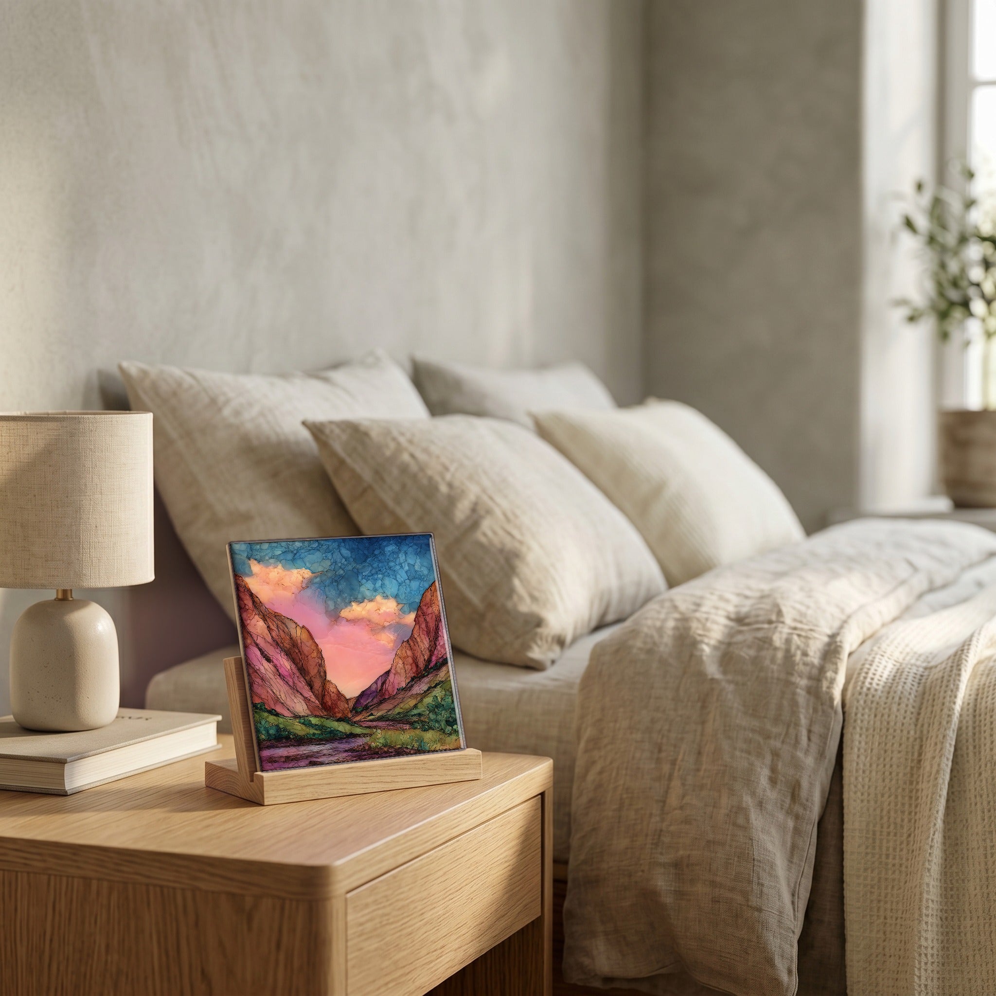 On the nightstand, catching the morning.