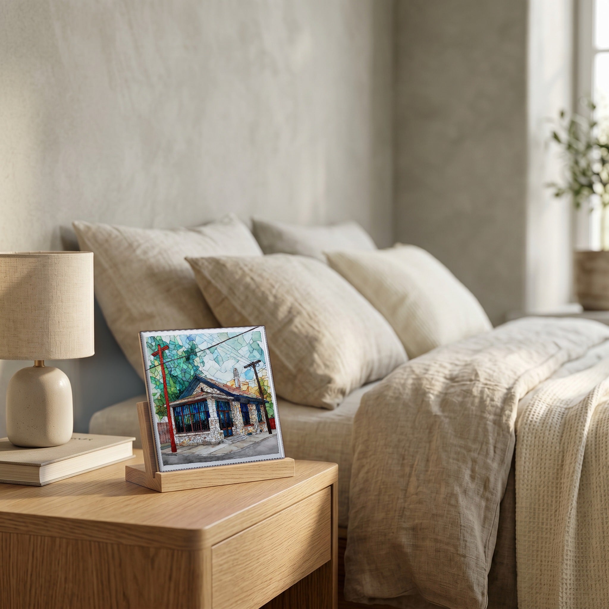 On the nightstand, catching the morning.