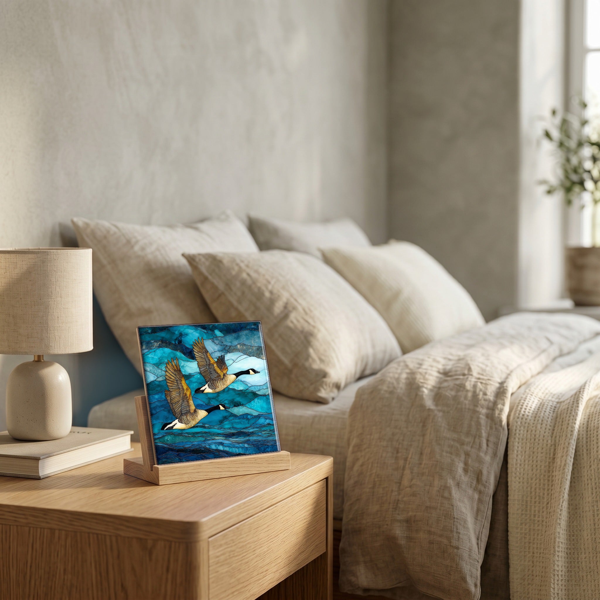 On the nightstand, catching the morning.