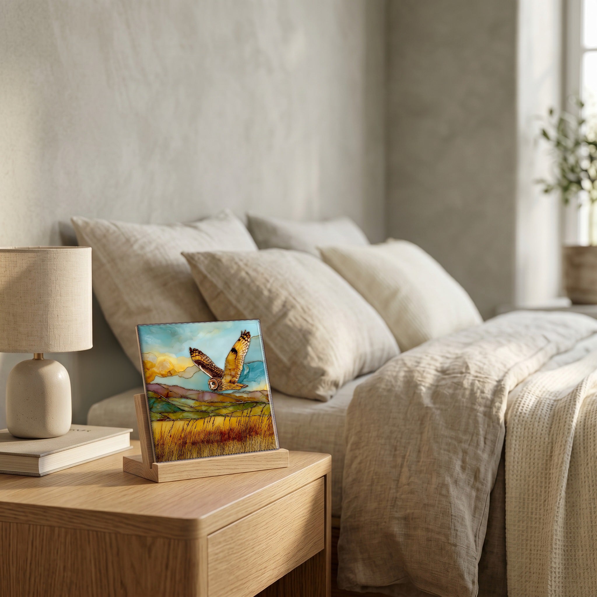 On the nightstand, on a light oak stand.