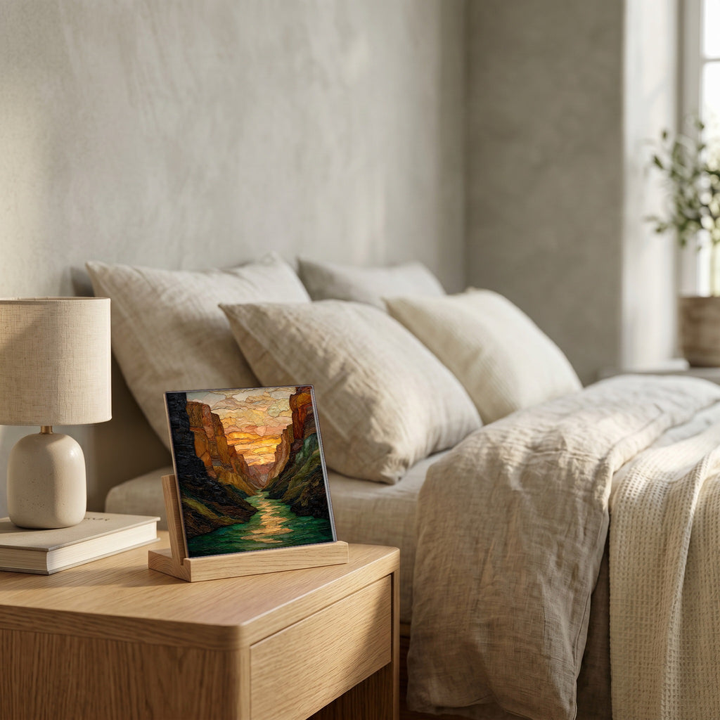 On the nightstand, catching the morning.