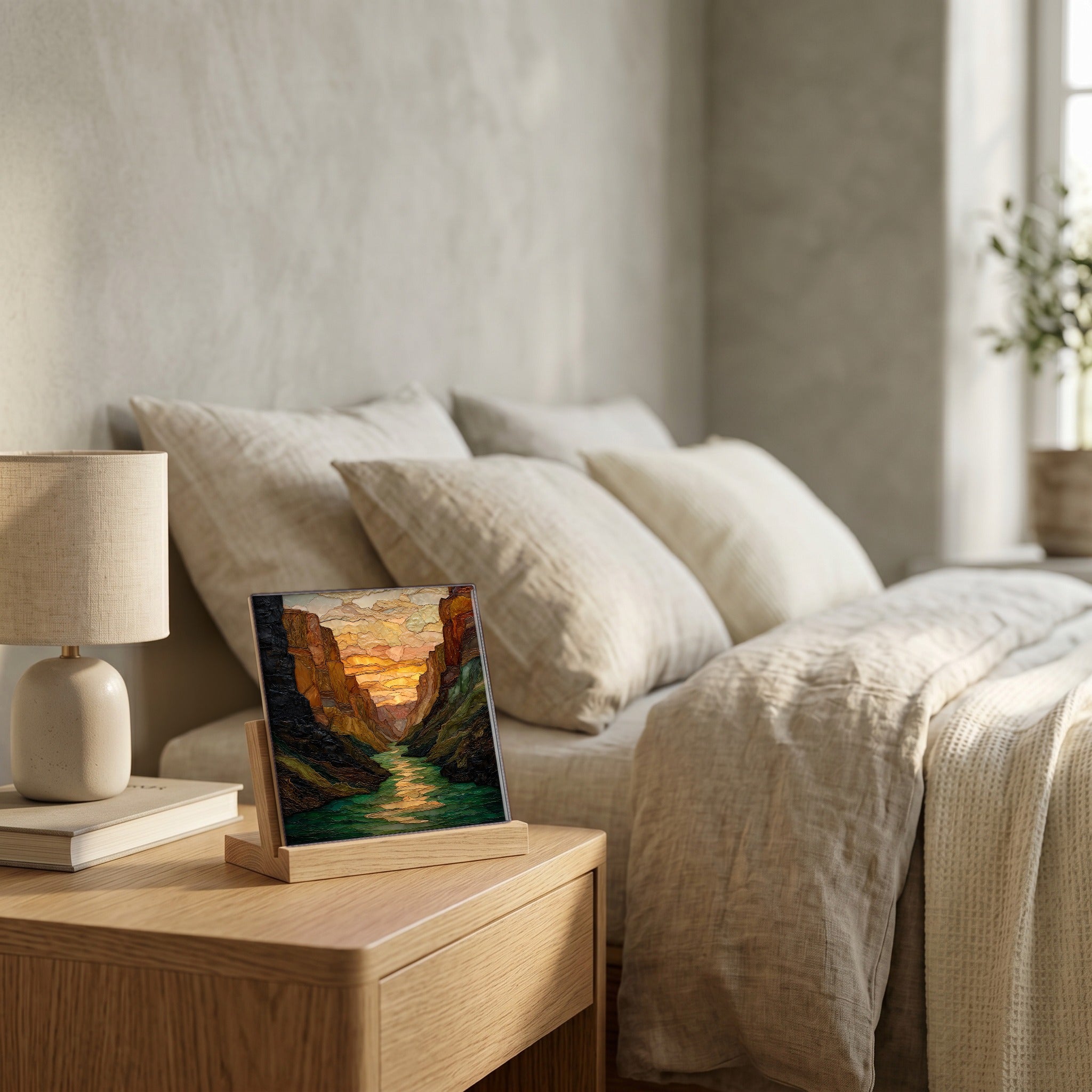 On the nightstand, catching the morning.