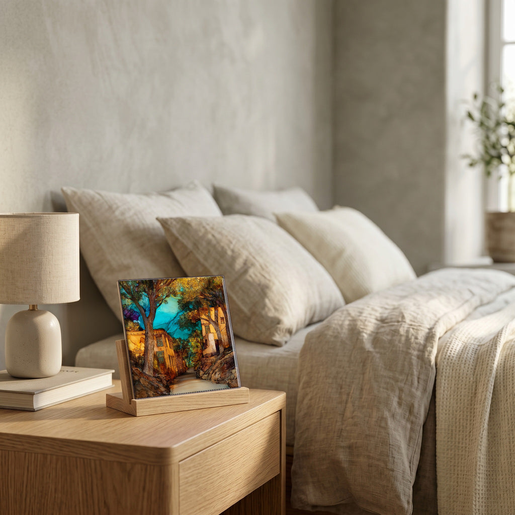 On the nightstand, catching the morning.