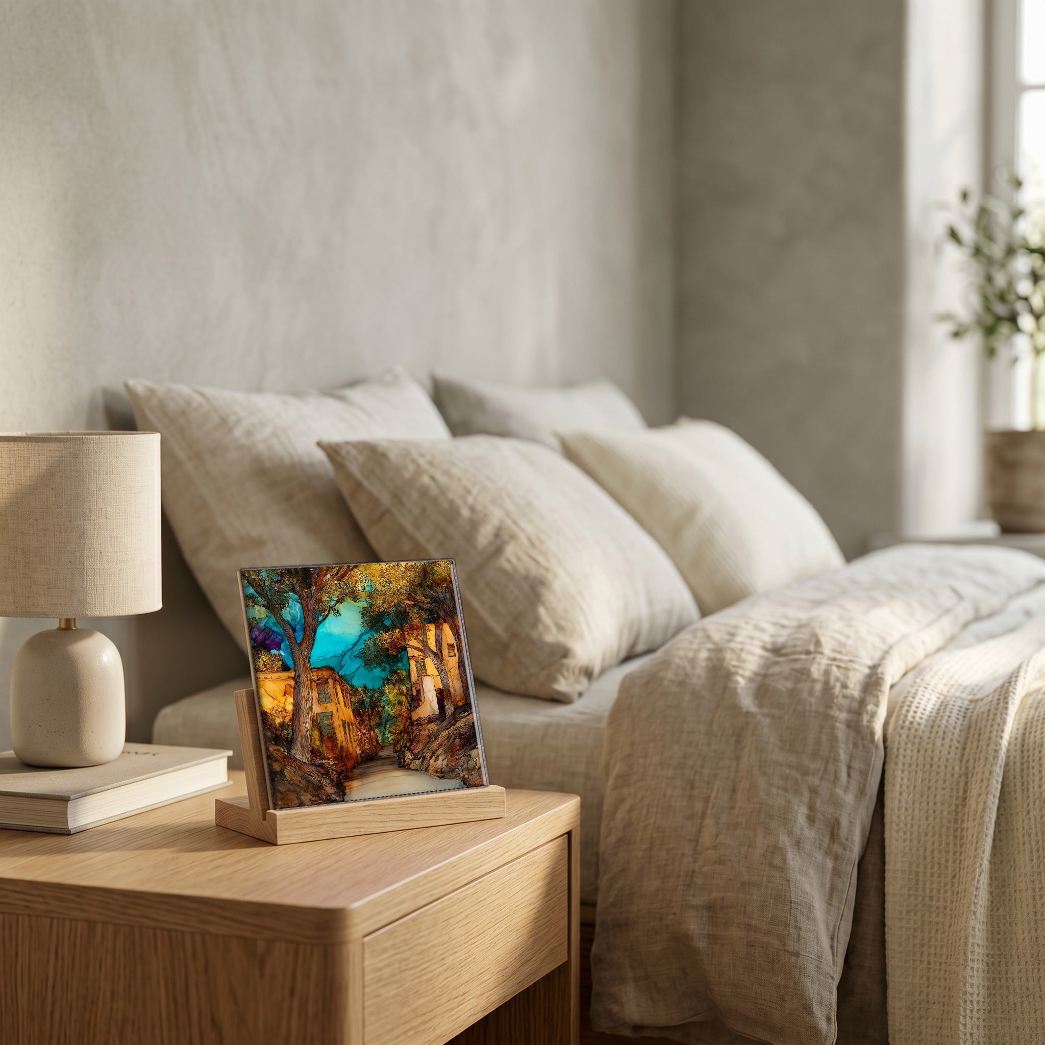 On the nightstand, catching the morning.