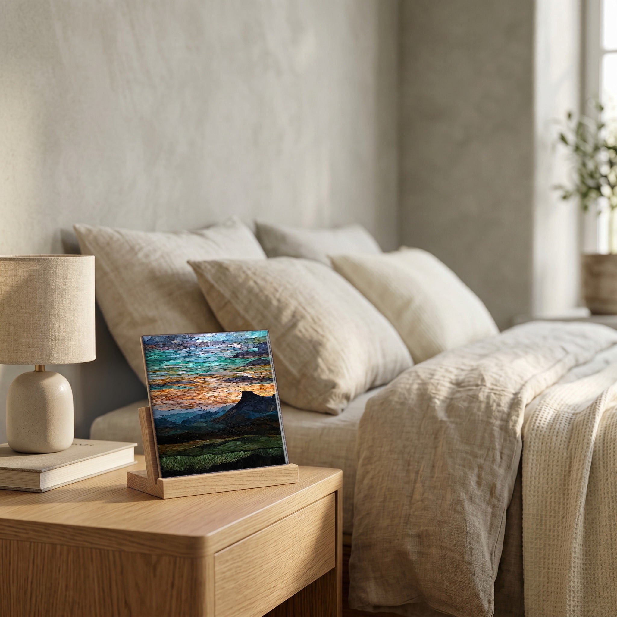 On the nightstand, catching the morning.