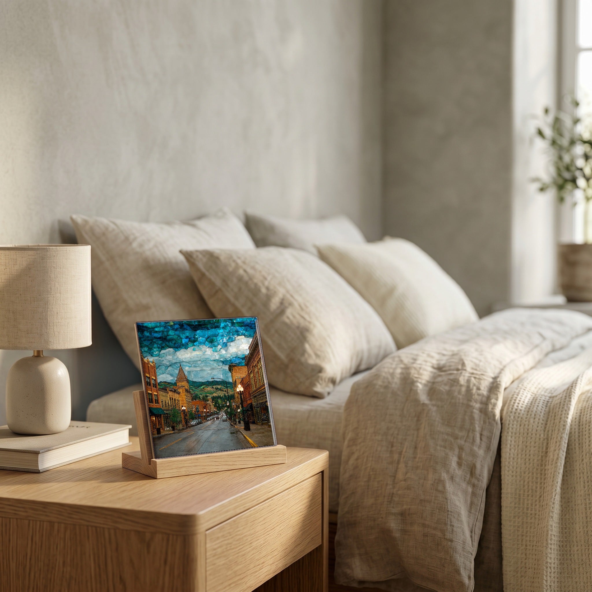 On the nightstand, catching the morning.