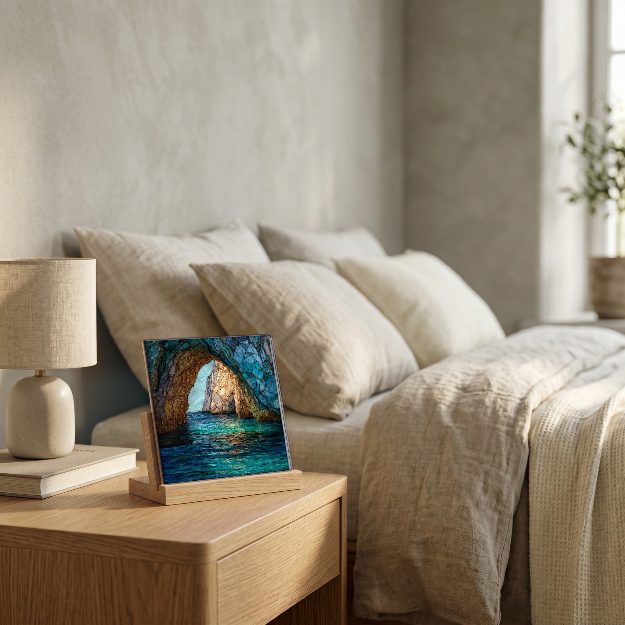 On the nightstand, catching the morning.