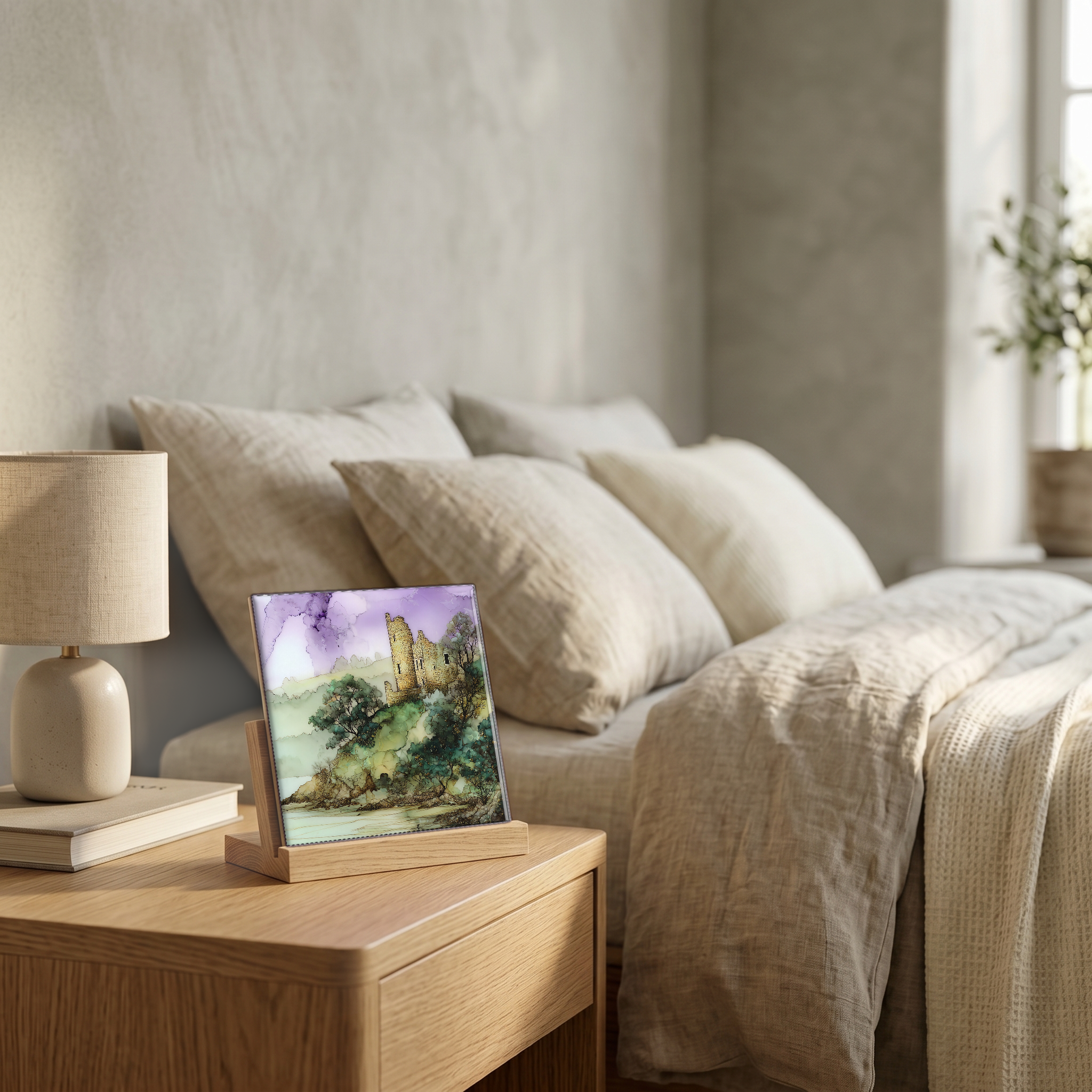 On the nightstand, on a light oak stand.