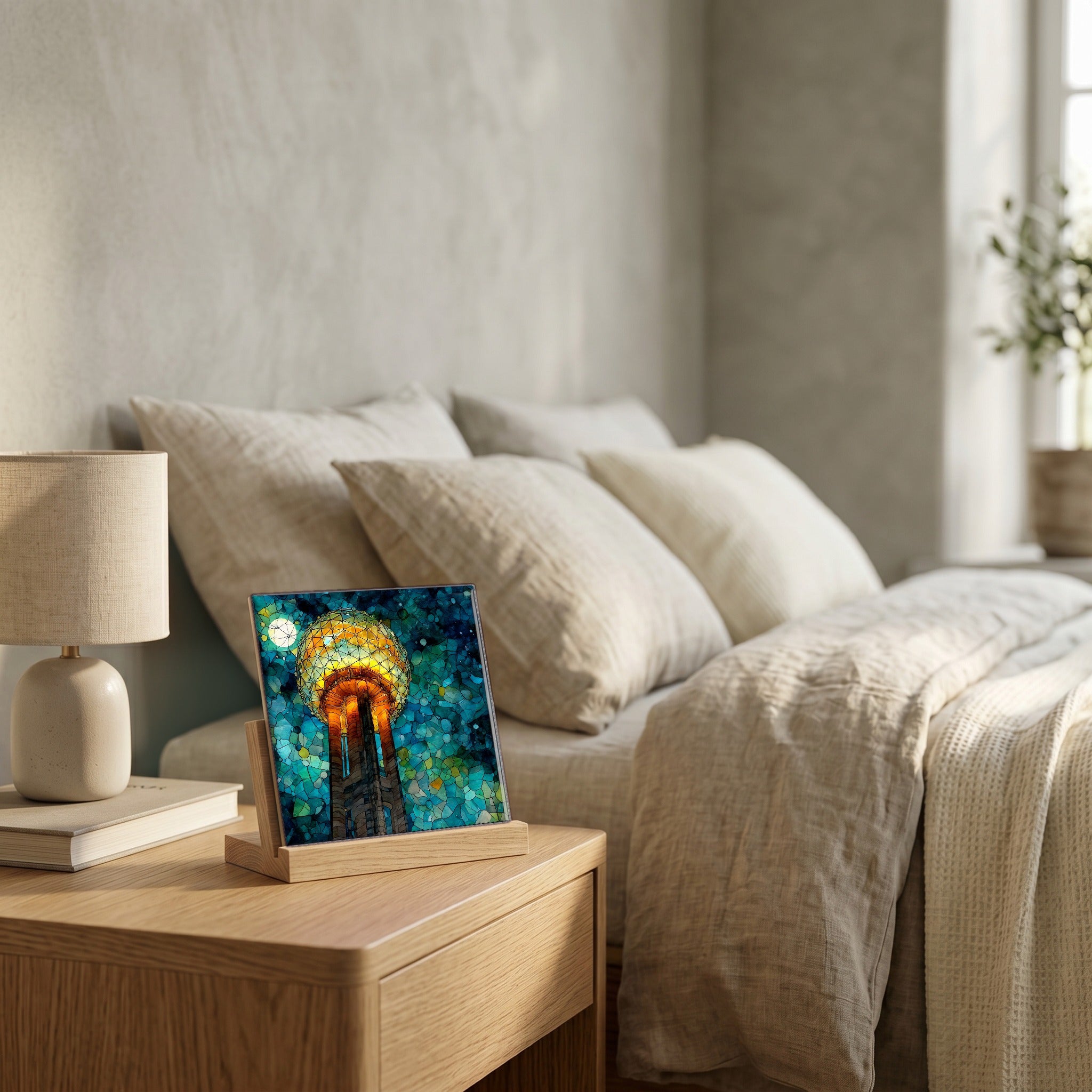 On the nightstand, catching the morning.