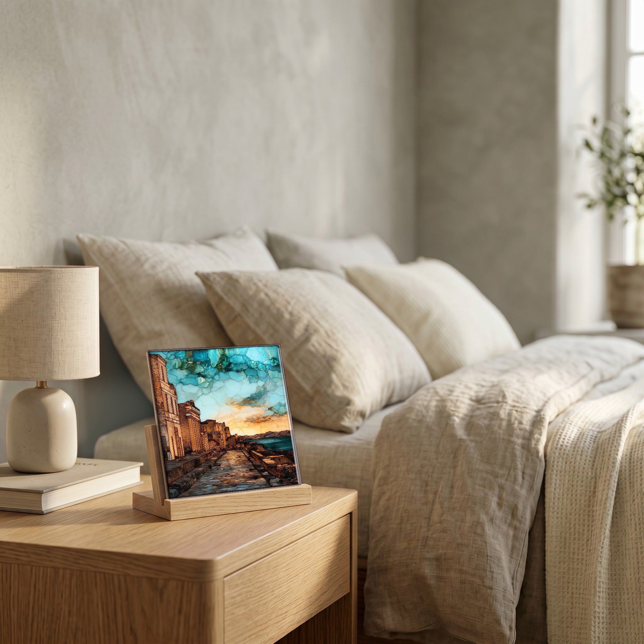 On the nightstand, on a light oak stand.