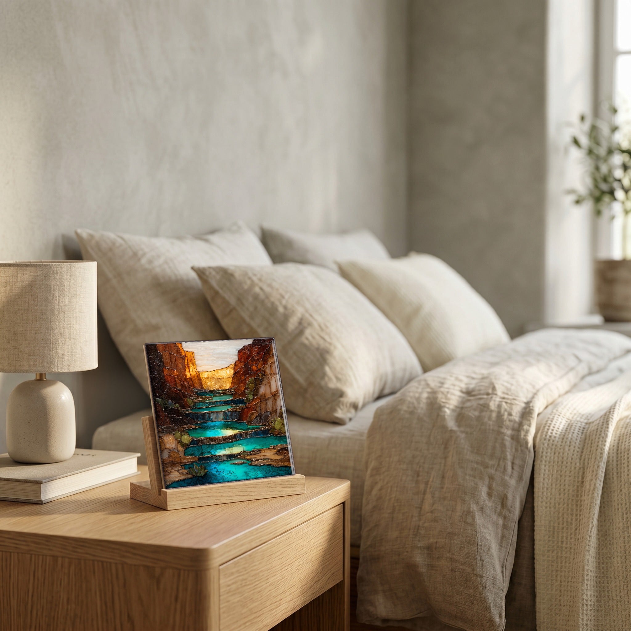 On the nightstand, catching the morning.