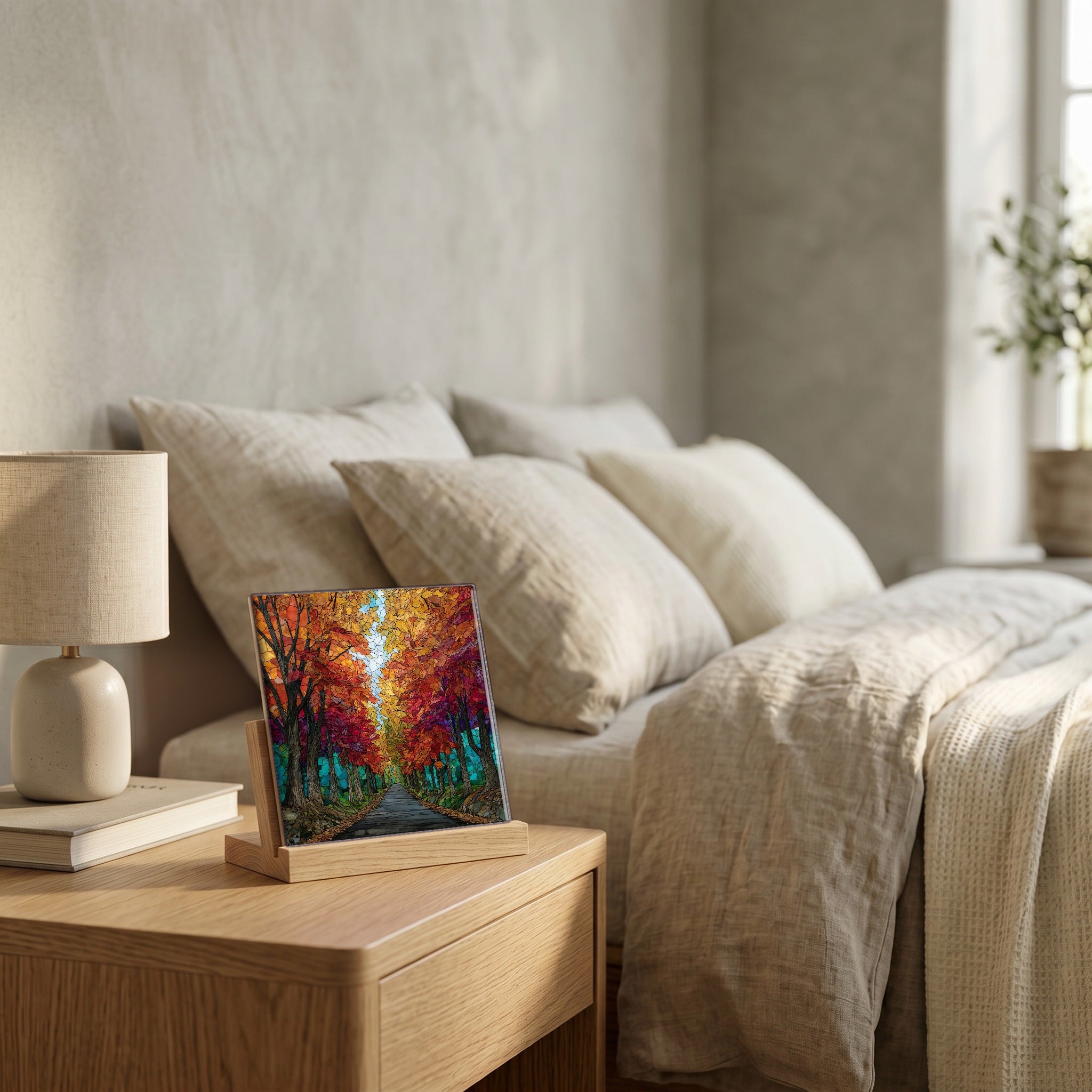 On the nightstand, catching the morning.