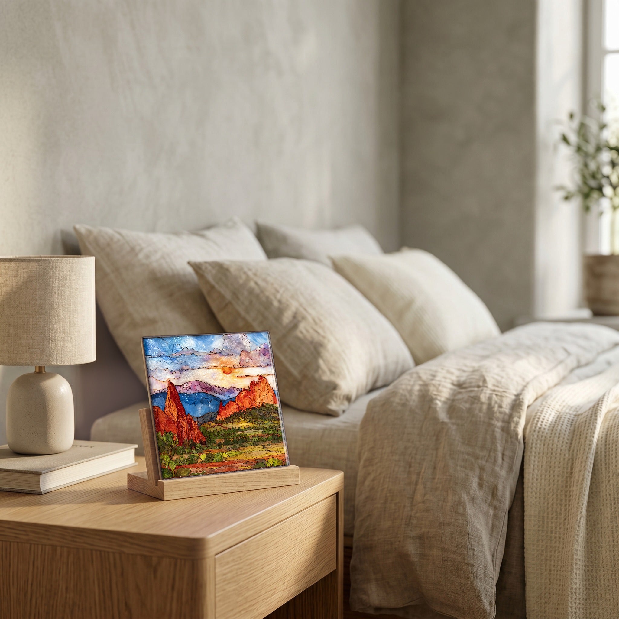 On the nightstand, catching the morning.