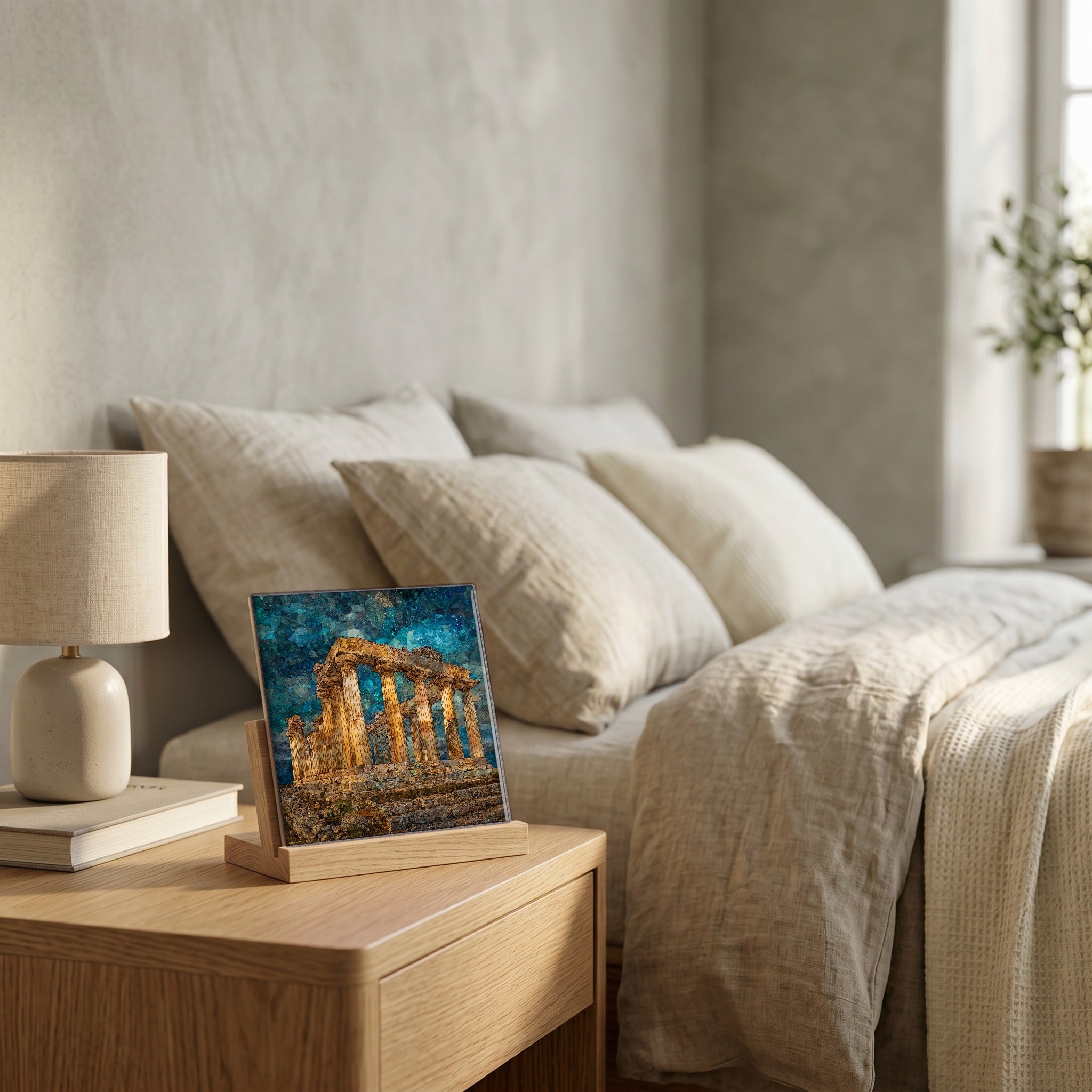 On the nightstand, catching the morning.
