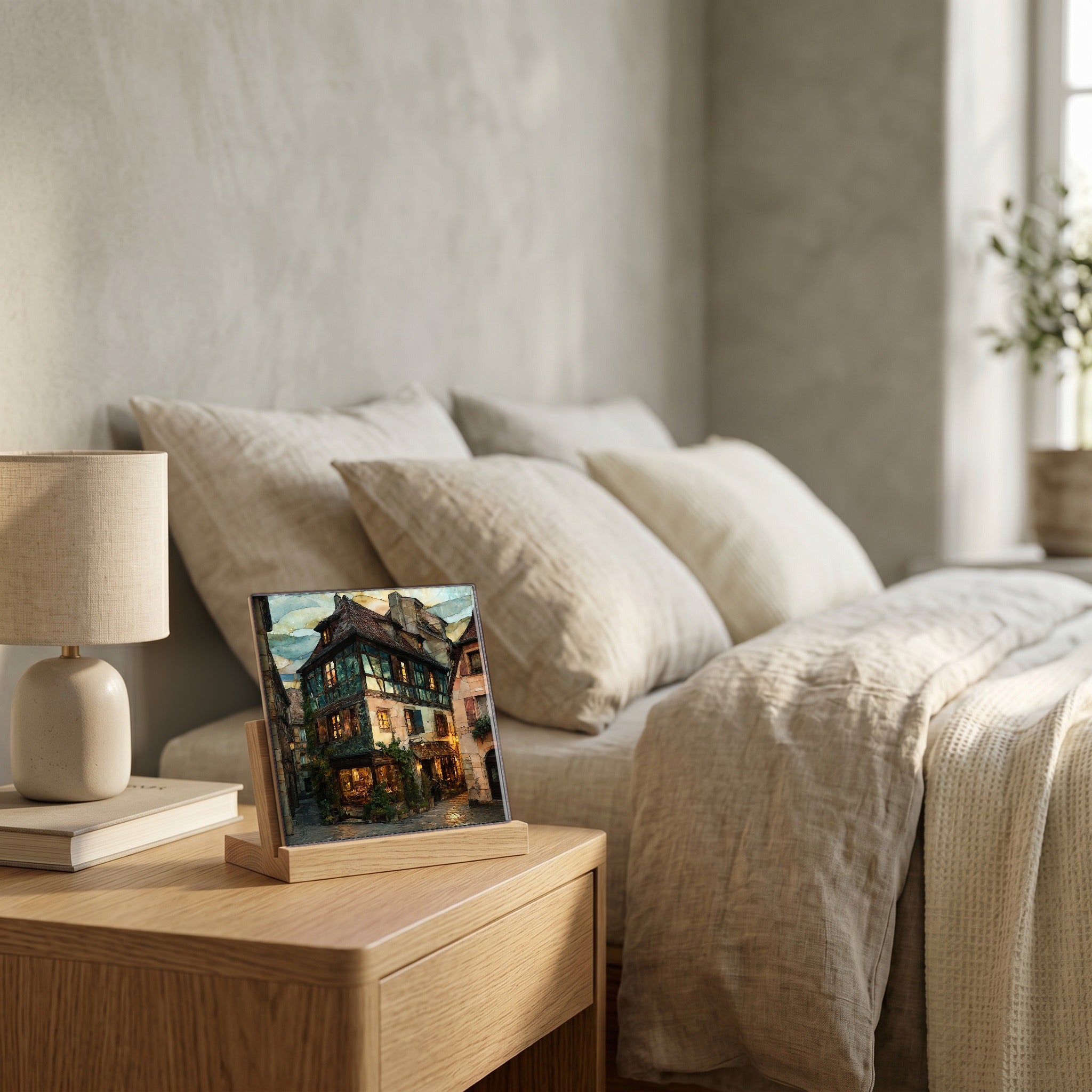 On the nightstand, on a light oak stand.