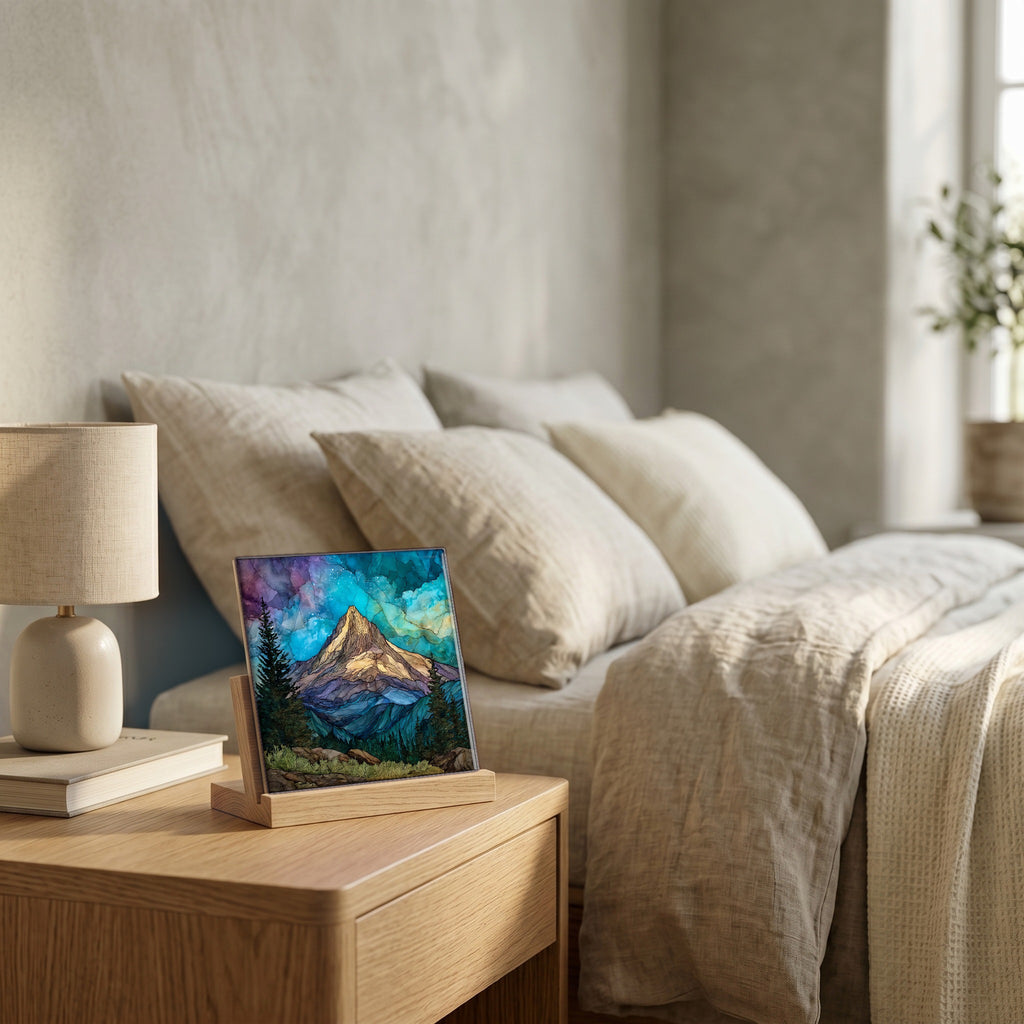 On the nightstand, catching the morning.